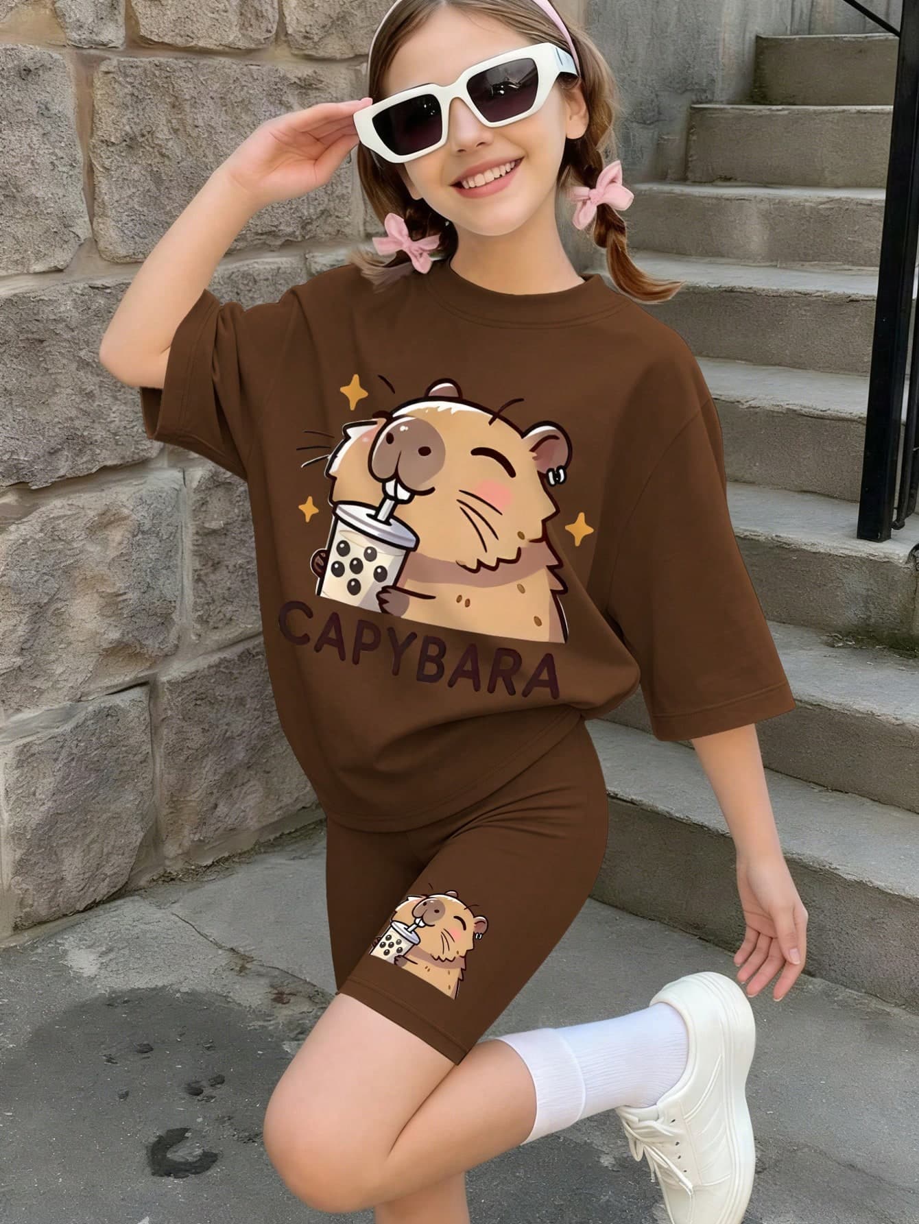 2pcs Girls Casual Set, Cute Capybara Drinking Boba Print Oversized T-Shirt, Paired With Capybara Accent Biker Shorts, Suitable For Daily Casual Wear, Summer