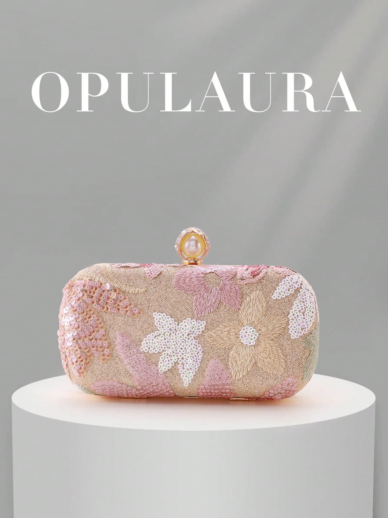 OpulAura 1pc Pink Sequin Embroidered Floral Elegant Clutch Bag, Suitable For Formal Occasions, Fashion Women's Clutch With Clasp Closure, Applicable For Women's Wedding/Gala, Banquet, Ball, Party And Other Events. Pattern Randomly Cut.