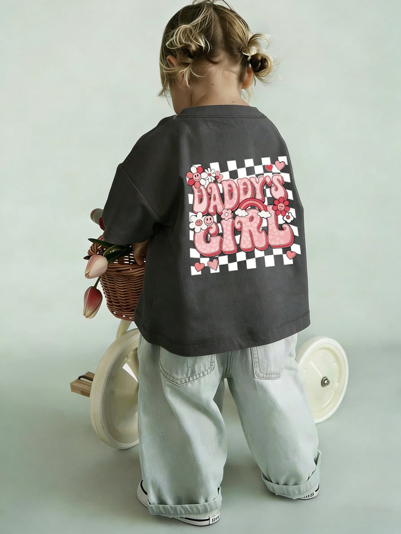Baby GirlMinimalist Plaid Graffiti & Letter Print Round Neck Short Sleeve Cute Top