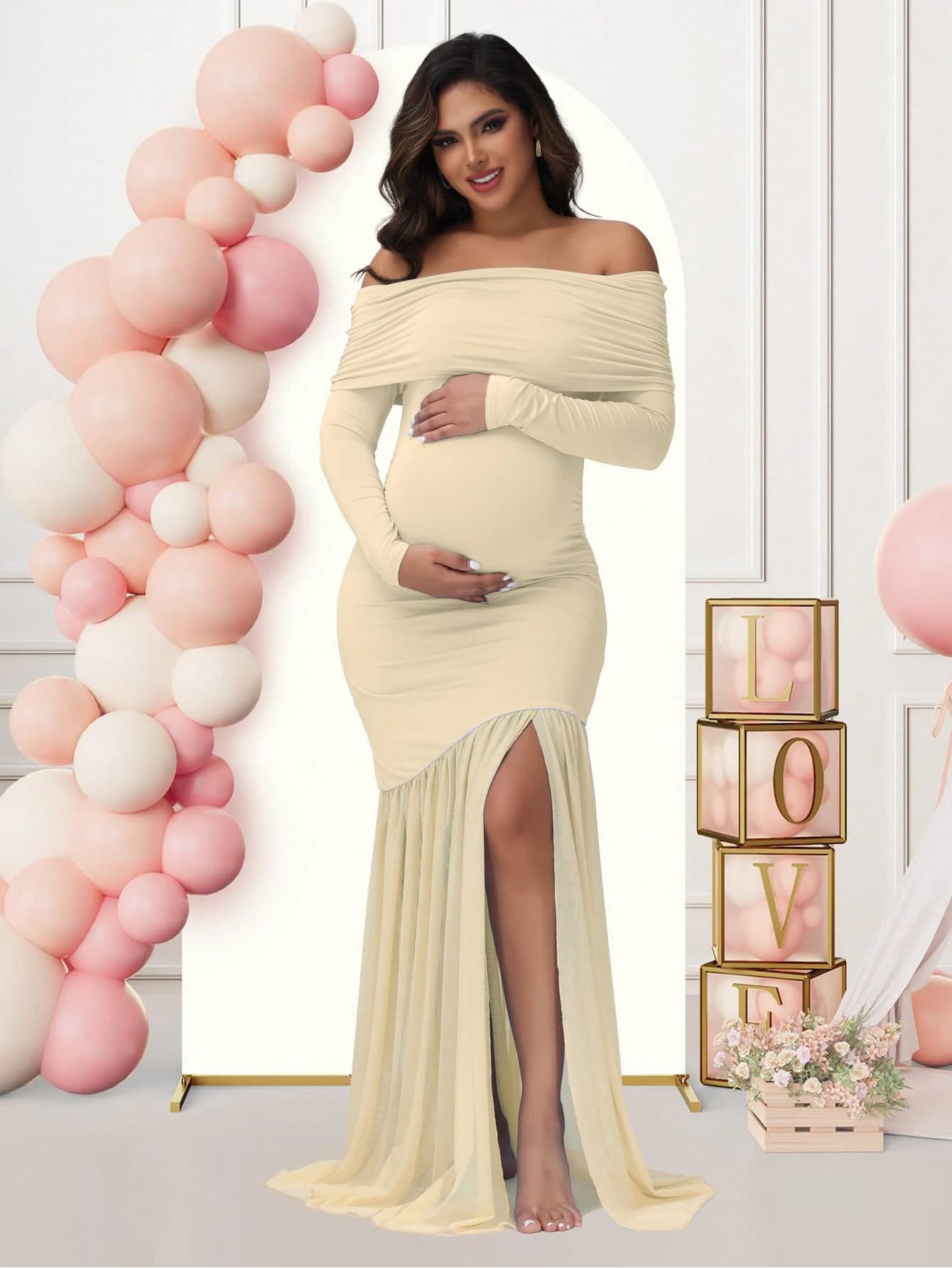JustVH Maternity Long Sleeve Off-Shoulder Dress, Solid Color Mesh Patchwork Slit Hem, Maternity Party Photo Shoot Dress