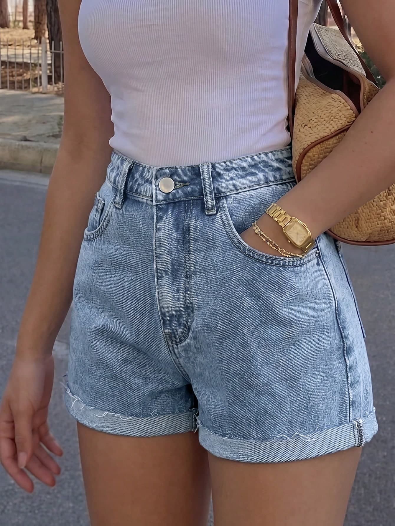 Cross-Border Fashion Minimalist Women's Versatile Classic Mid-Waist Washed Denim Cuffed Shorts Casual Summer
