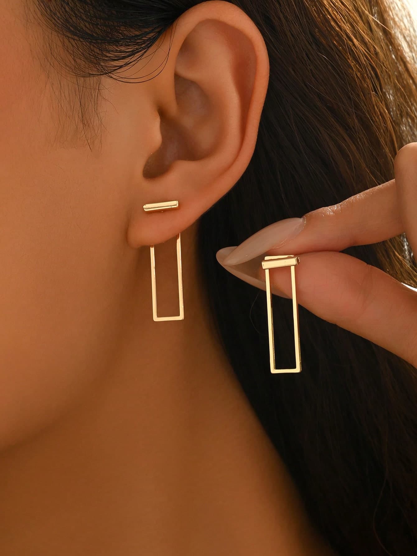 1 Pair Middle Eastern Metal Style Fashion Front & Back Earrings For Women, Minimalist Geometric Shape Elongated Rectangle Design, Suitable For Daily Wear, Party, Vacation, Holiday Gift For Girlfriend/Best Friend