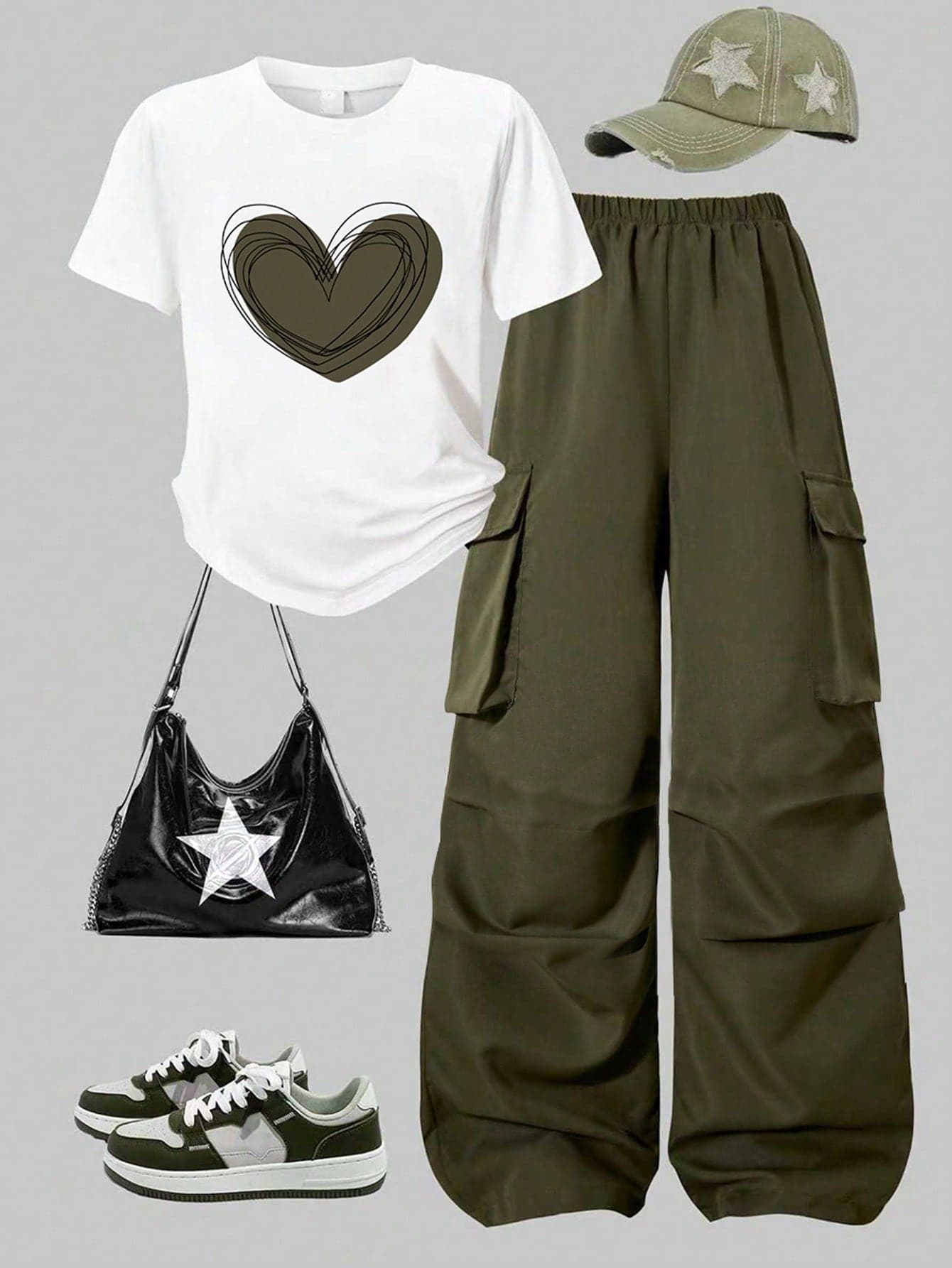 Tween Girl Heart Print Short Sleeve T-Shirt And Cargo Pants Casual Outfit