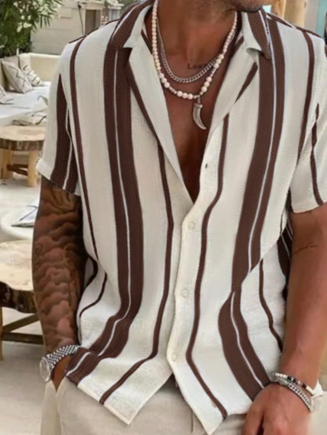 Men's Casual Colorblock Striped Short Sleeve Shirt, Comfortable Vacation Style