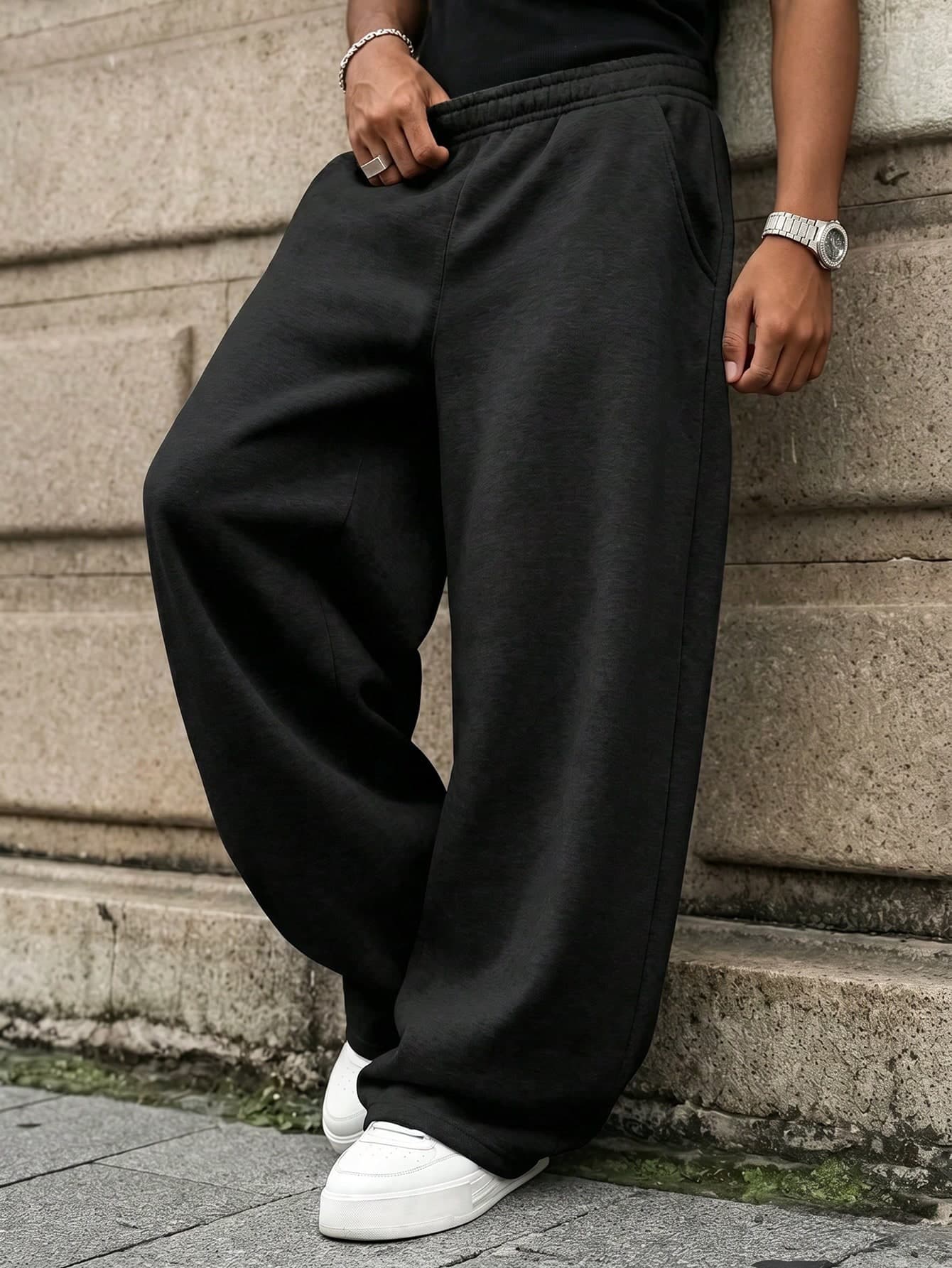 Teen Boys' Lightweight Knit Sports Pants, Loose Straight Breathable Black Long Trousers, Teen Boy Minimalist Casual Versatile Style, Spring/Summer