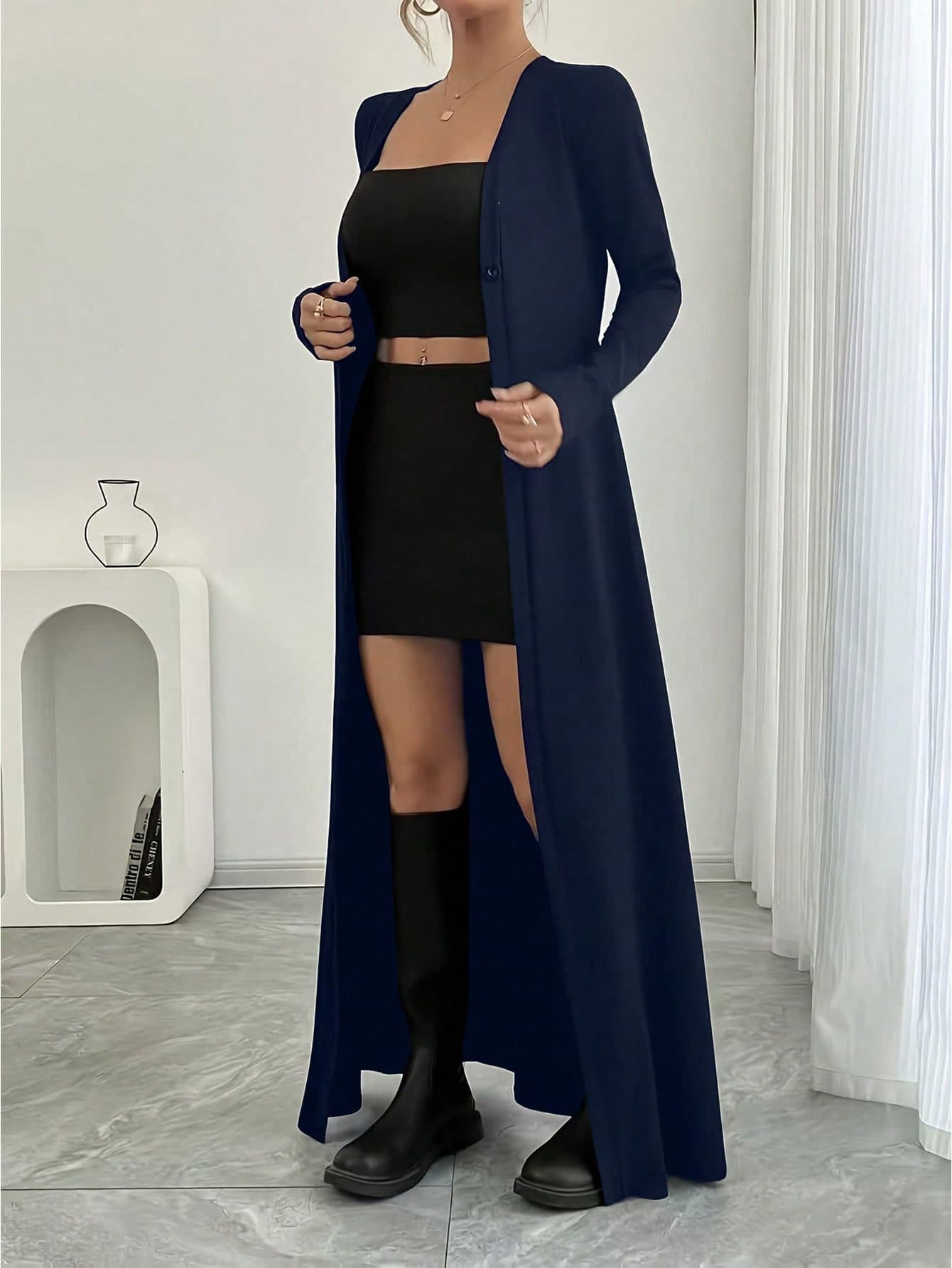 Plus Size Women Casual Solid Color Button-Up Long Sleeve Cardigan, Slimming Long Tops