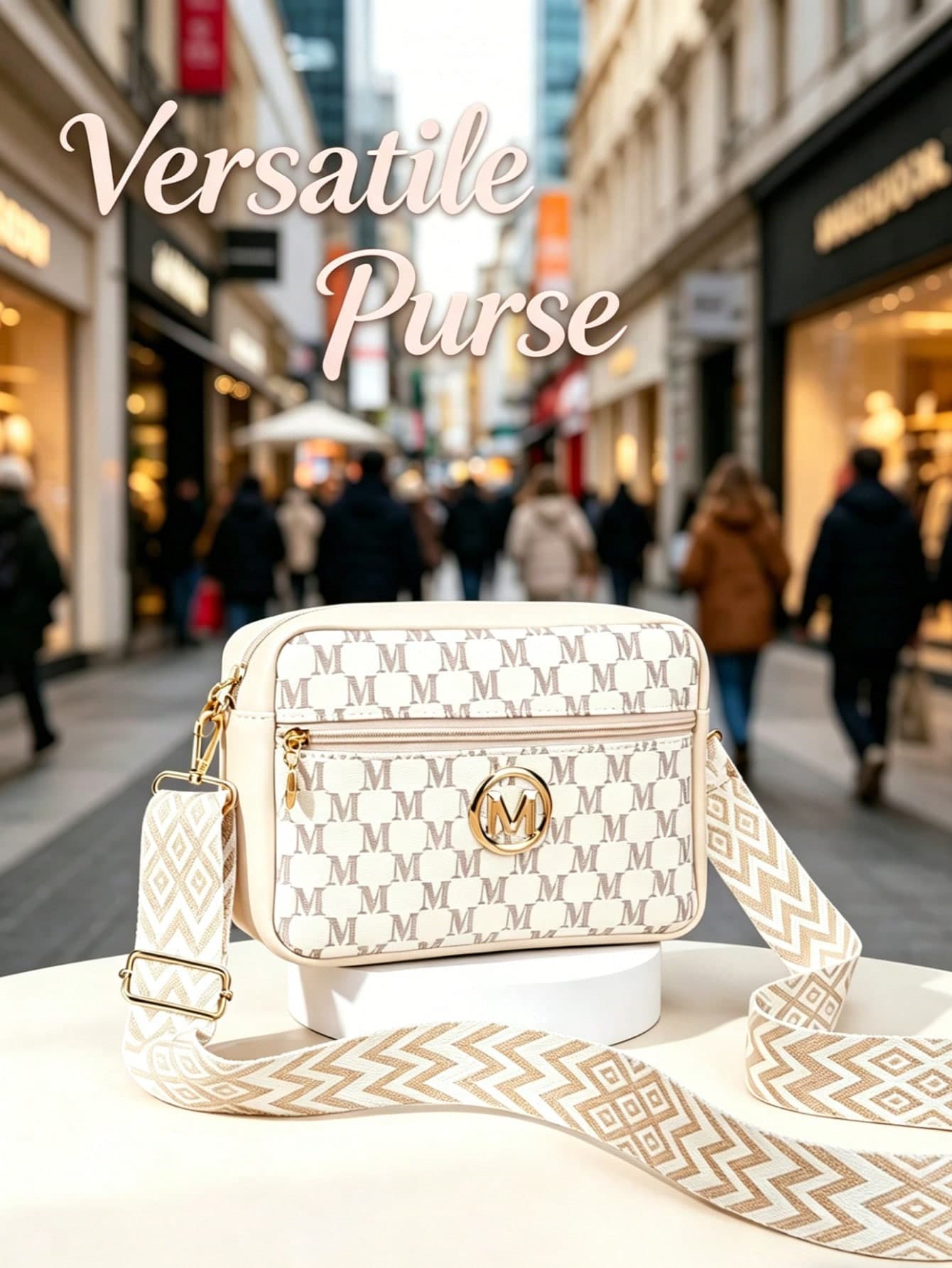 1pc Y2K White M Letter Print Camera Crossbody Bag, Wide Strap PU Women's Shoulder Bag, Lightweight Zipper Bag, Suitable For Summer Beach, Daily Street Style, Vacation