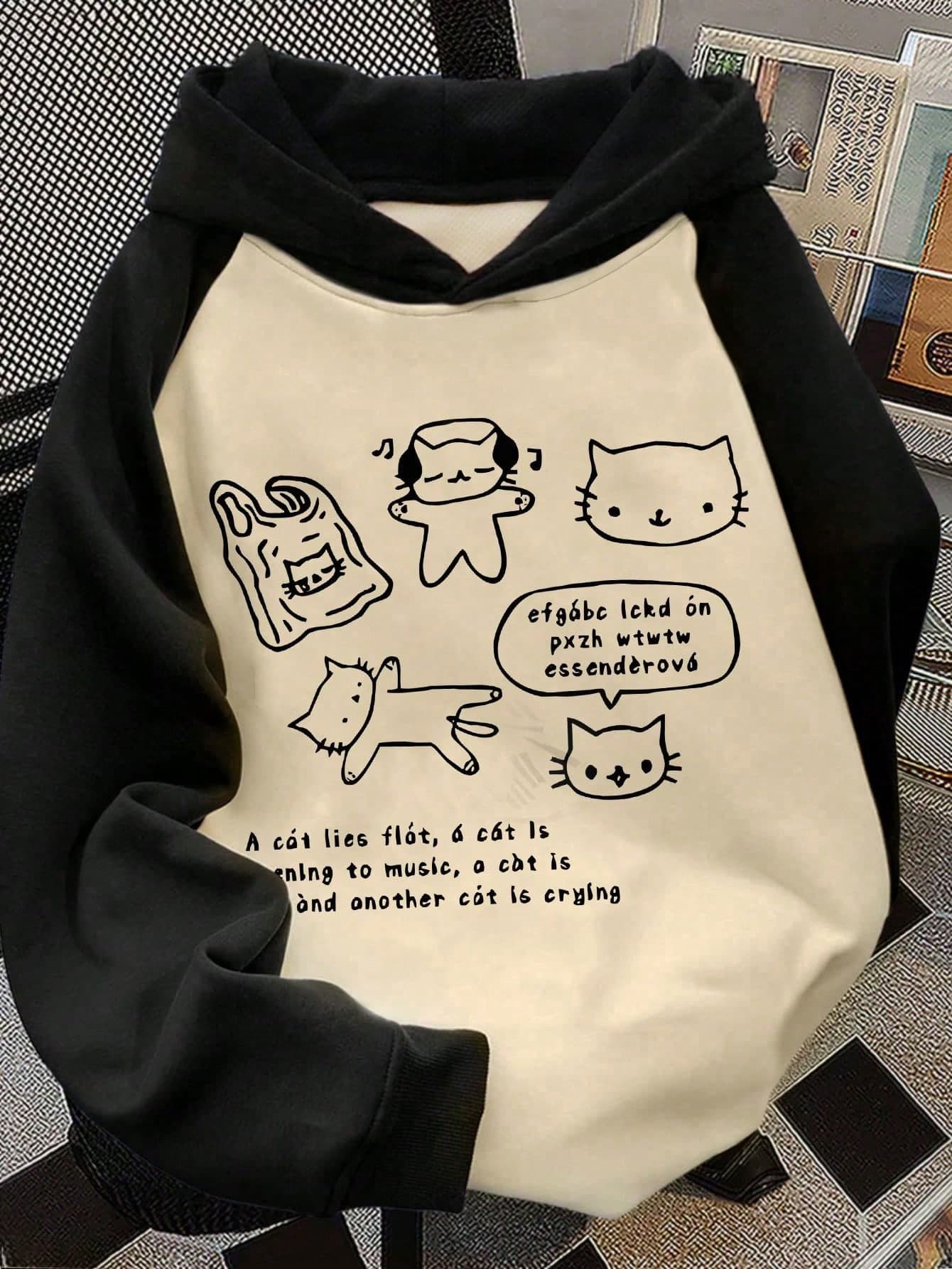 1pc Teen Girl Cute & Lively Cat Theme Colorblock Loose Fit Sweatshirt, Long Sleeve, Suitable For Back To School And Graduation Season
