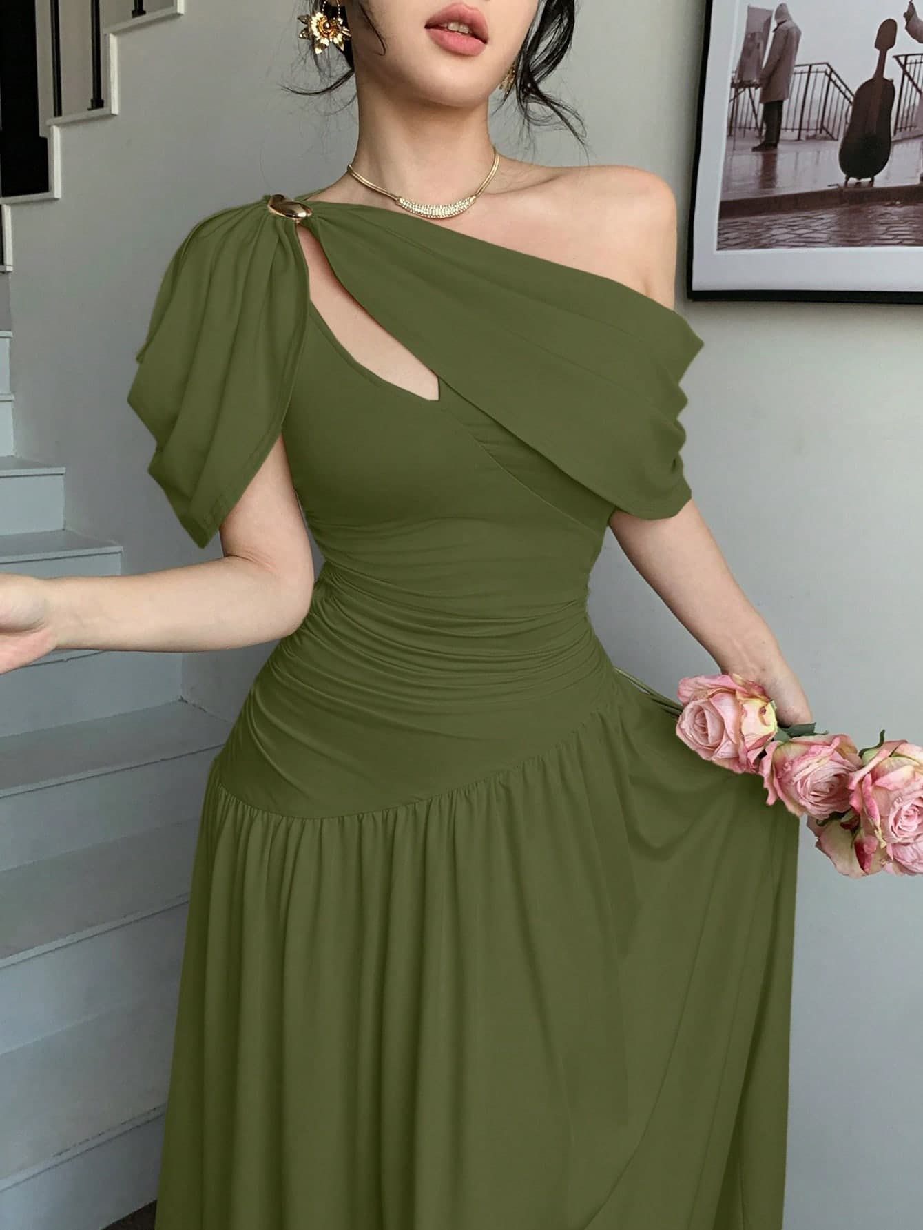 abyoxi Women's Dark Green One Shoulder Pleated Waist Fitted Flare Long Dress, Elegant And Fashionable, Suitable For Party, Date, Holiday, Wedding, Formal Occasion, Dinner, Teacher's Day, Mother's Day, Graduation Ceremony, Elastic Fitted Long Dress For Spring And Summer