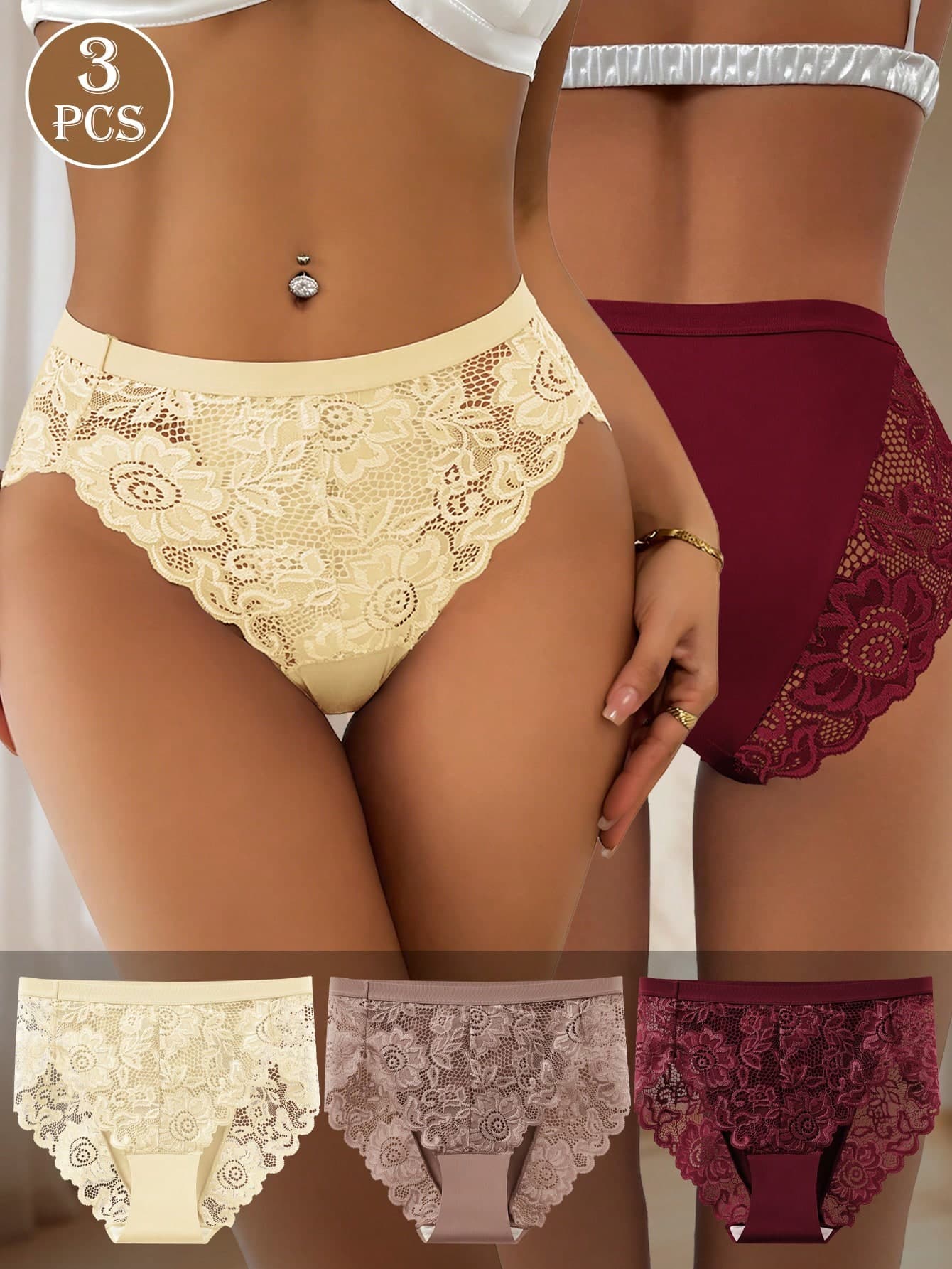 QUASTI 3pcs Women's Lace Print Comfortable Breathable Underwear, Ideal Gift Choice For Holidays