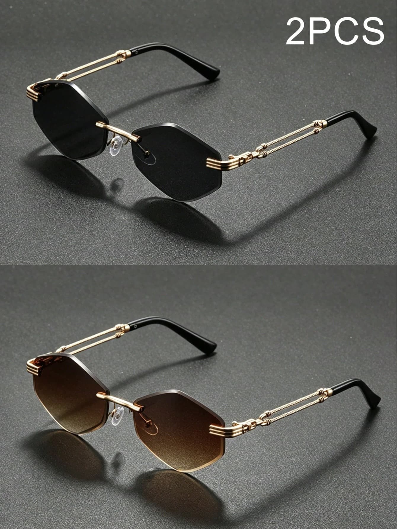 2 Pairs Frameless Diamond Cut Lens Unisex Sunglasses, UV400 Protection, Y2K Style, Perfect For Vacation And Outings