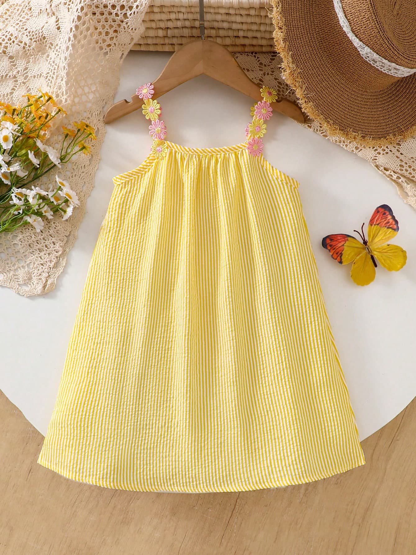 Young Ladies Floral Strap Loose Casual A-Line Striped Sleeveless Dress, Suitable For Holiday, Beach, Summer