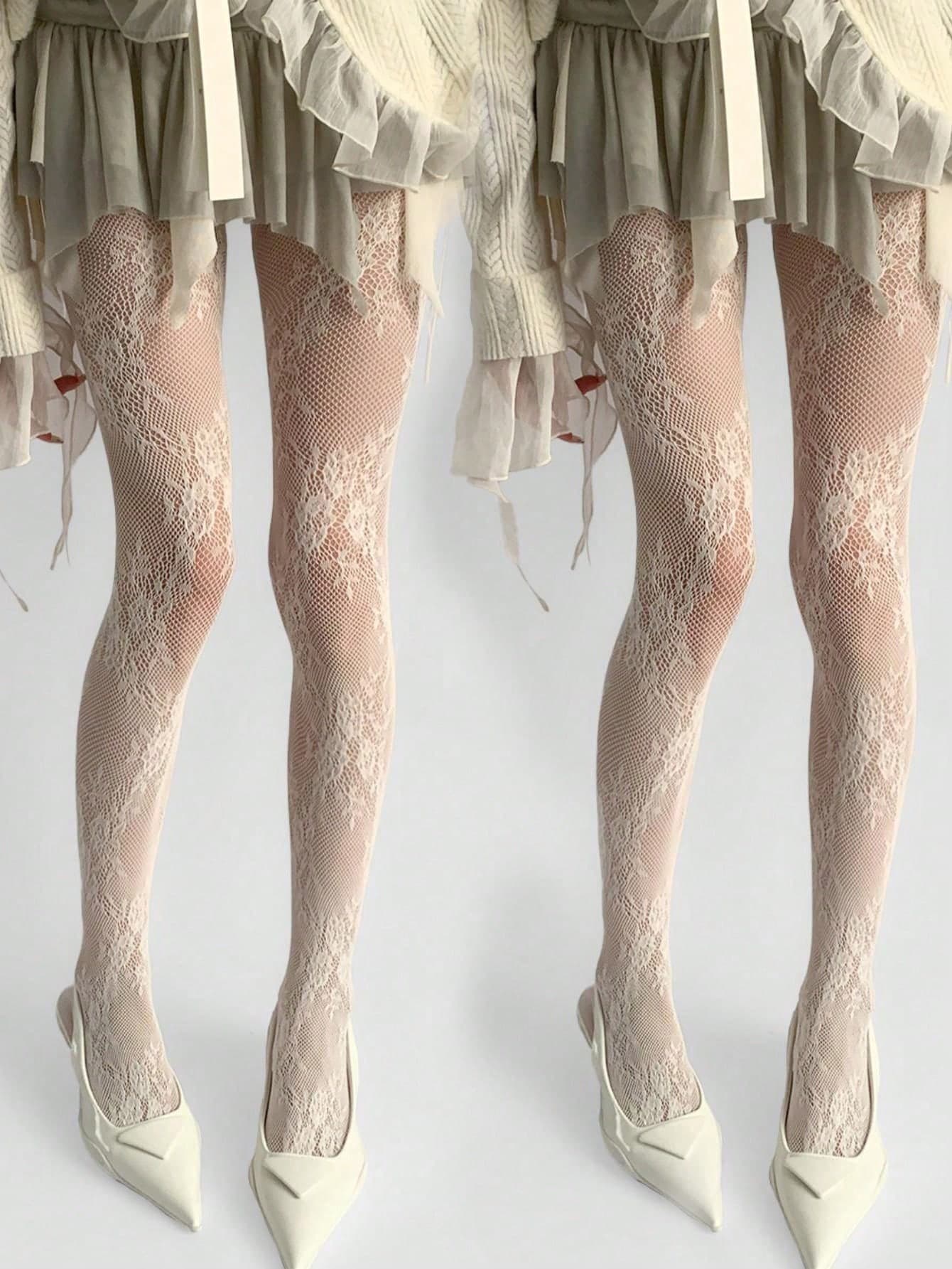 1pc Women's Nude Floral Lace Trim Fishnet Stockings, Sexy Vintage Floral Vine Rose Leaf Sheer Mesh Pantyhose