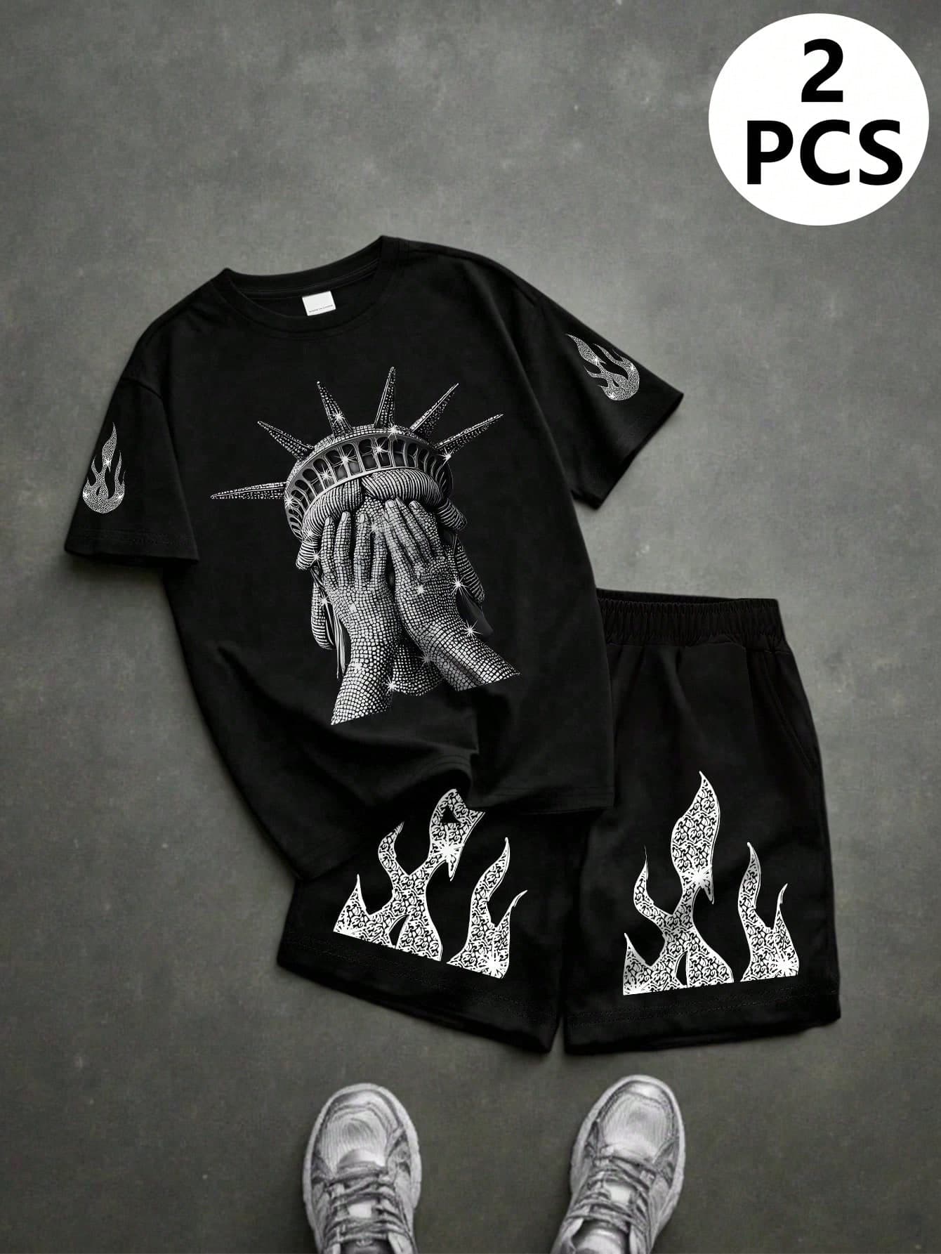 2pcs/Set Teen Boy Casual Outfit With Free & Flame Graphic, Including T-Shirt And Shorts, Soft Comfortable Fabric, Suitable For School And Daily Wear In Summer