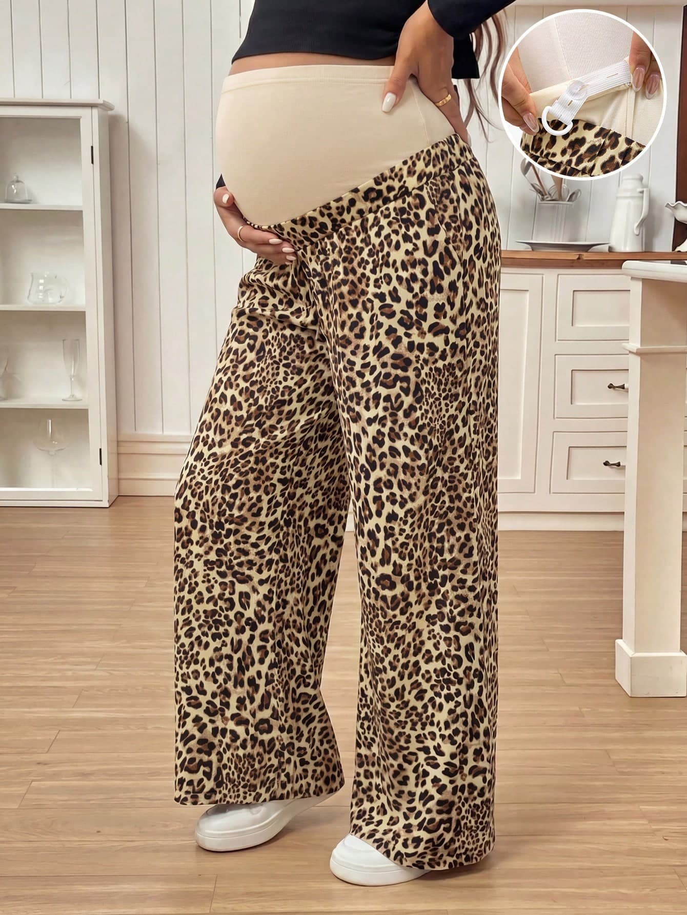 Maternity Leopard Print Wide Leg Pants, Adjustable High Waist Elastic Maternity Formal Pants, Casual & Office Wear Maternity Trousers, Comfortable Slimming Pregnancy Leggings, Loose Plus Size Maternity Yoga Pants, Versatile Maternity Dress Pants
