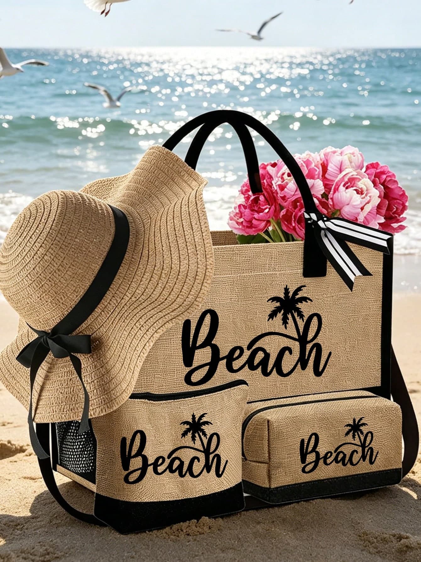 4pcs/Set Women's Beach Tote Bag, Large Capacity Handbag With Scarf And Side Pockets, 2 Portable Cosmetic Bags, Printed With "Beach" And Palm Tree Pattern. Reusable Travel Shopping Tote Bag And Makeup Pouch, Straw Sun Hat, Holiday Gift Bag, Perfect For Vacation, Suitable For Wedding, Birthday, Holiday, Mother's Day, Teacher's Day. Great Gift For Ladies, Mothers, Teachers, Friends, Bridesmaids, Students And Back To School Season.