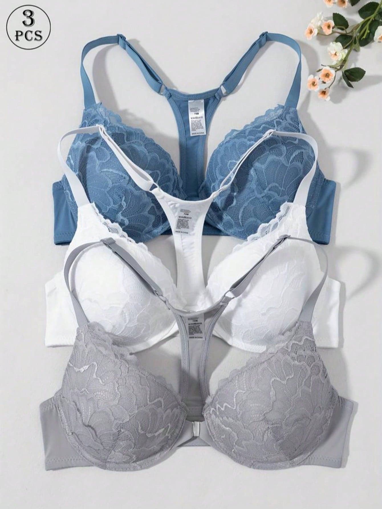 3pcs Front Closure Lace Bras With Underwire Support Design, Lift And Prevent Sagging, Perfect For Dates