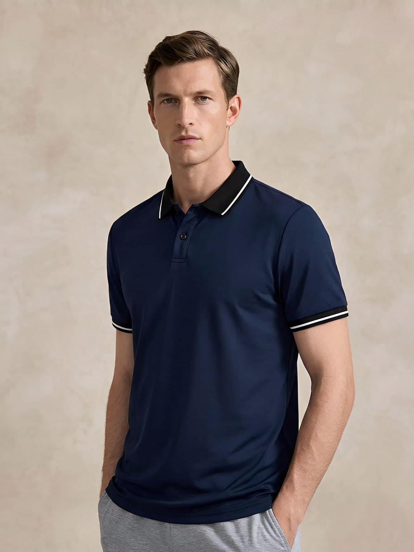 Courvante Men Summer Casual Striped Trim Short Sleeve Polo Shirt, Solid Royal Blue & Contrast, For Golf Tennis, Business Commute Minimalist & Boyfriend