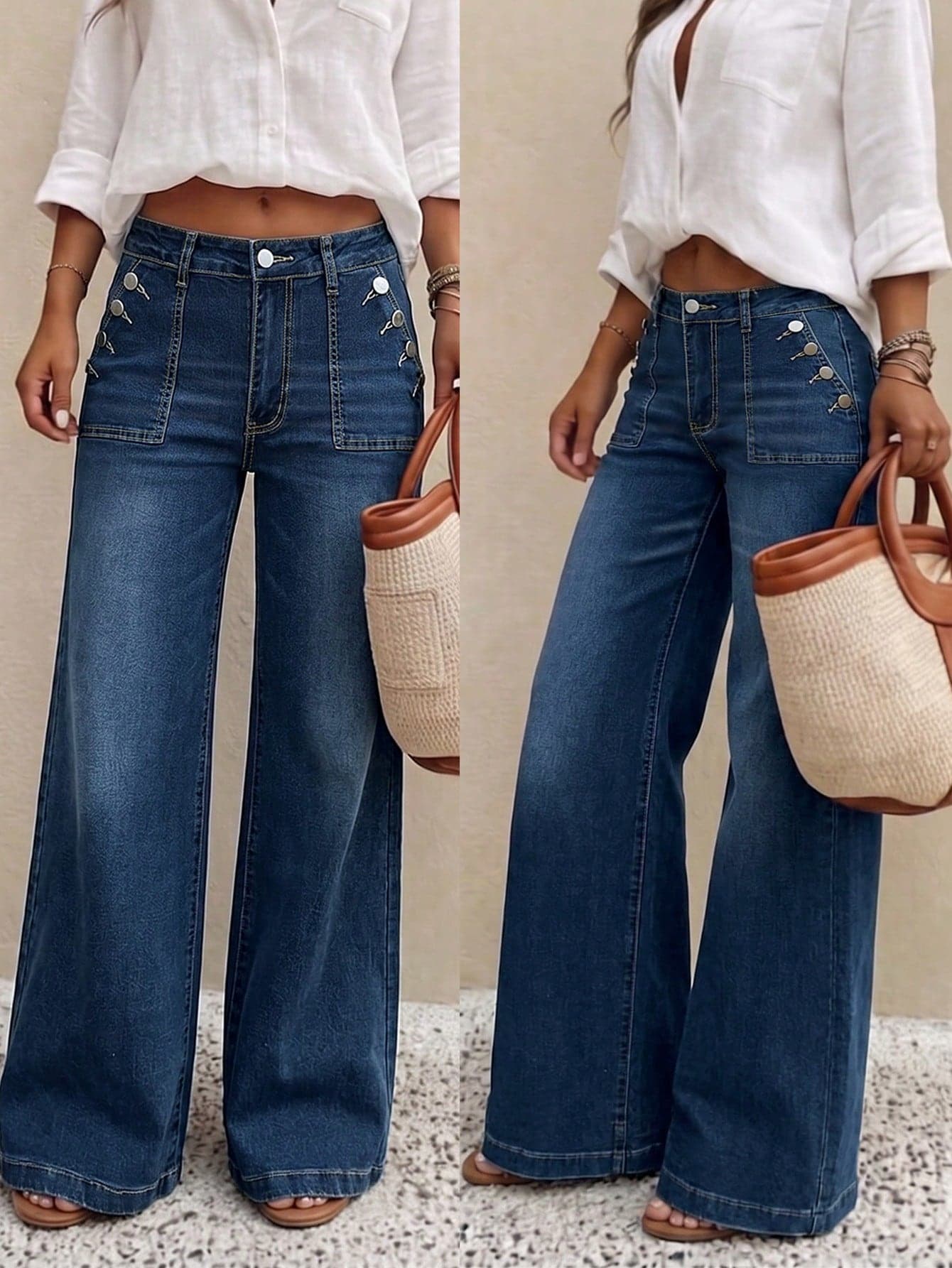 Straight-Leg Jeans With Button Details, Stretchy Long Casual Style Suitable For Multiple Occasions