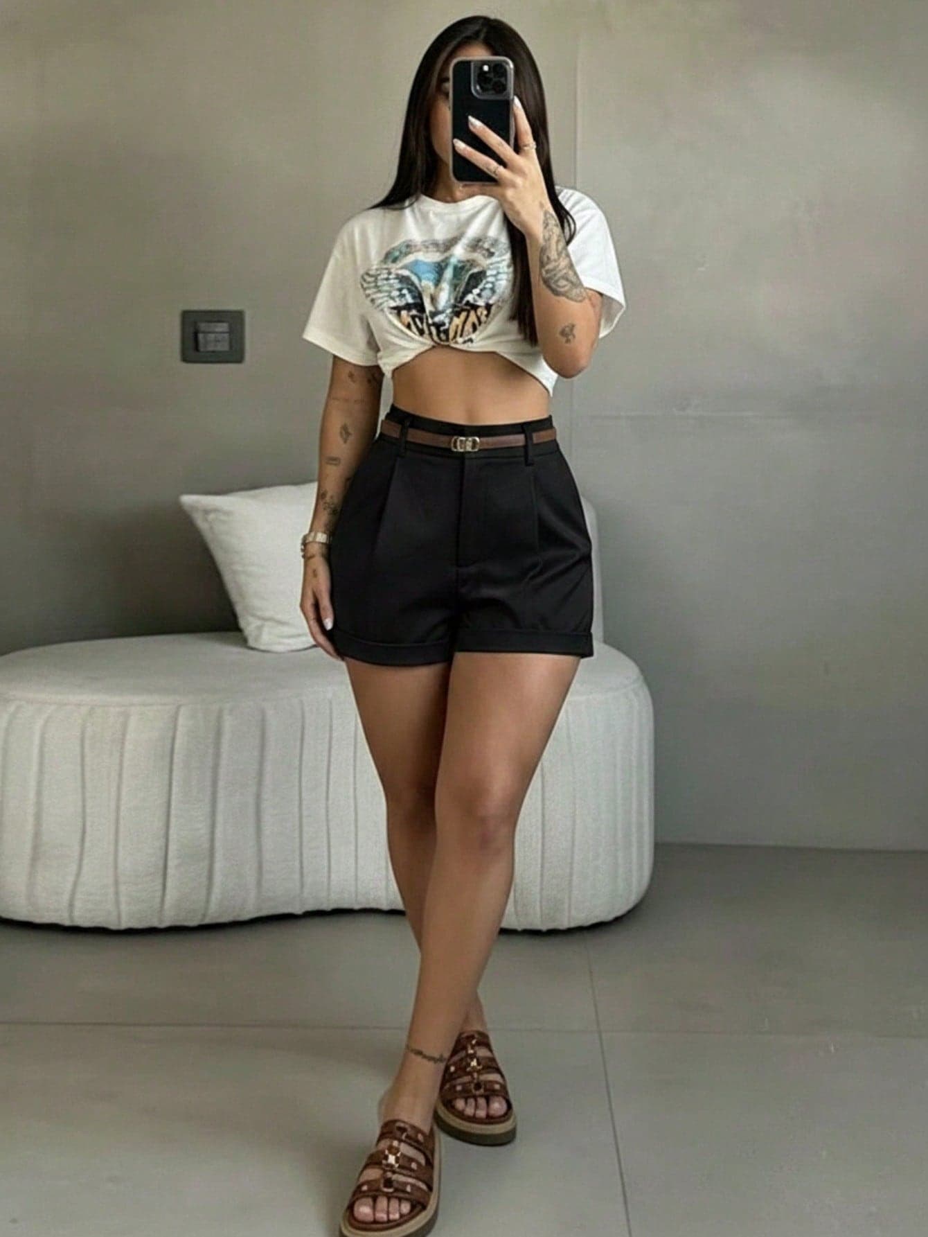 High Waist Pleated Office Summer Women's Smooth Woven Black Slim Fit Suit Shorts Casual Wide Leg Straight Hot Pants Without Belt