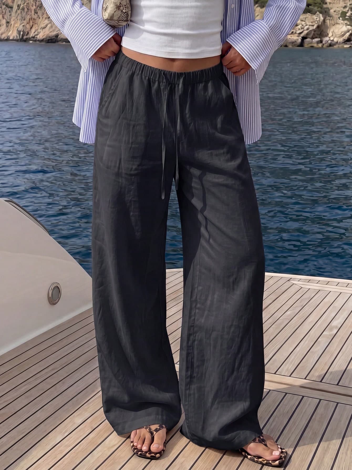 Women's Casual Black Faux Linen Drawstring Waist Wide Leg Long Pants, Summer Beach Vacation