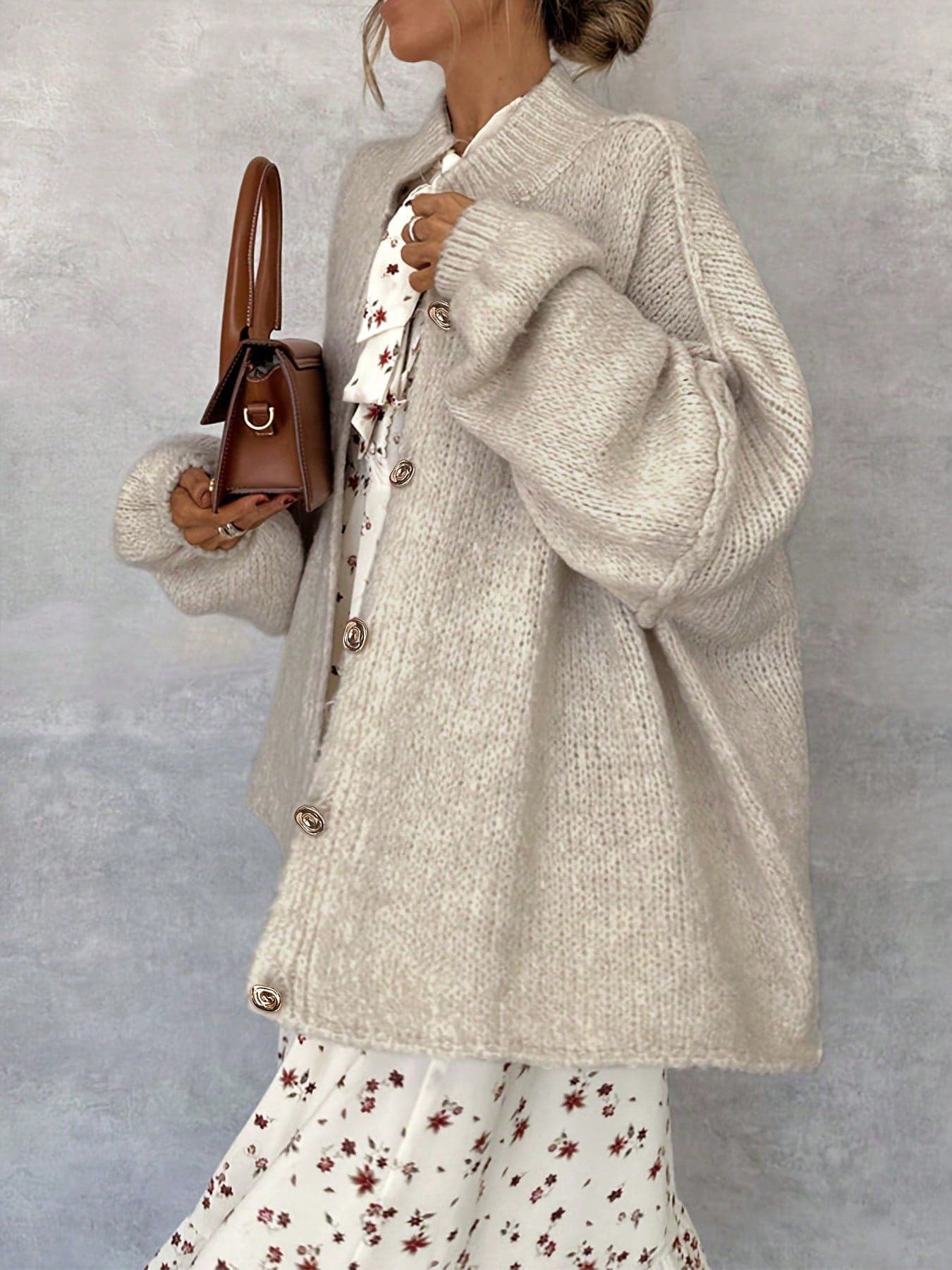 1pc Solid Color Knitted Front Button Closure Plus Size Women Casual Wear, Autumn/Winter White
