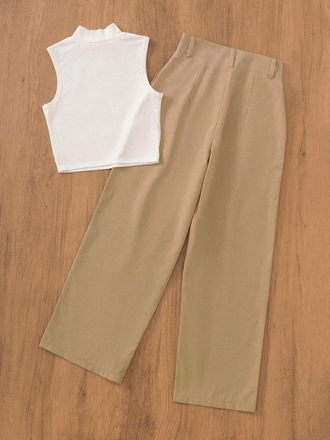 Women's Solid Color Casual Vacation Faux Button Office Garden Turtleneck Vest & Pants Set, Spring/Summer Elegant