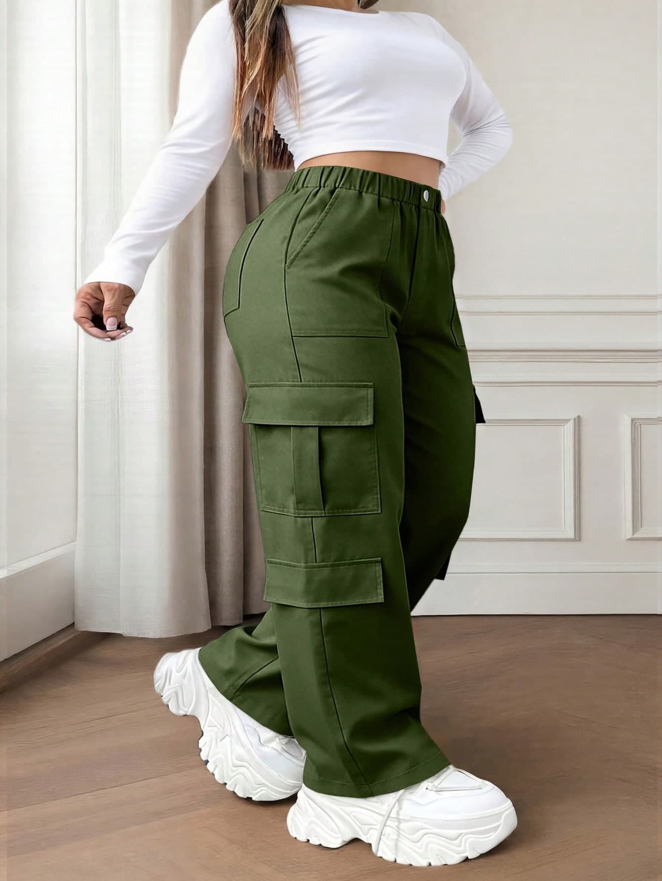 Olive Green Button Pocket Elegant Casual Commute Minimalist Cute Y2K Loose Wide Leg Straight Leg Non-Stretch Lightweight Soft Comfortable Plus Size Cargo Pants Teacher's Day Thanksgiving Back To School Graduation Outing Vacation Club Office Formal Occasion Gym Beach Opening Student Birthday Party Travel Country Music Festival Airport Spring Summer Autumn Winter