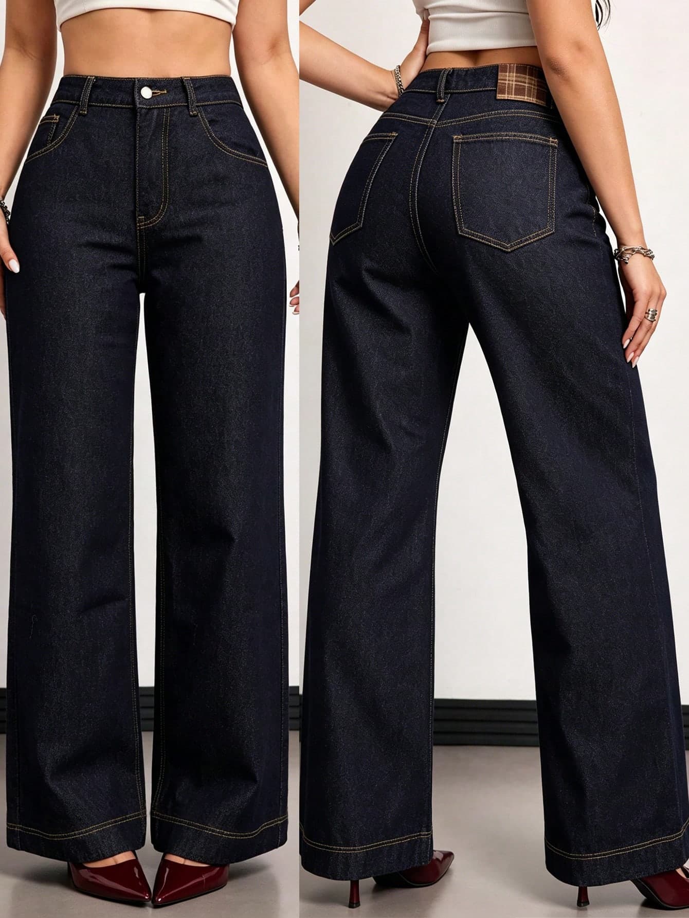 Women Casual Loose Wide Leg Blue Denim Jeans, Vintage Jeans, Navy Jeans, Blue Homecoming Jeans