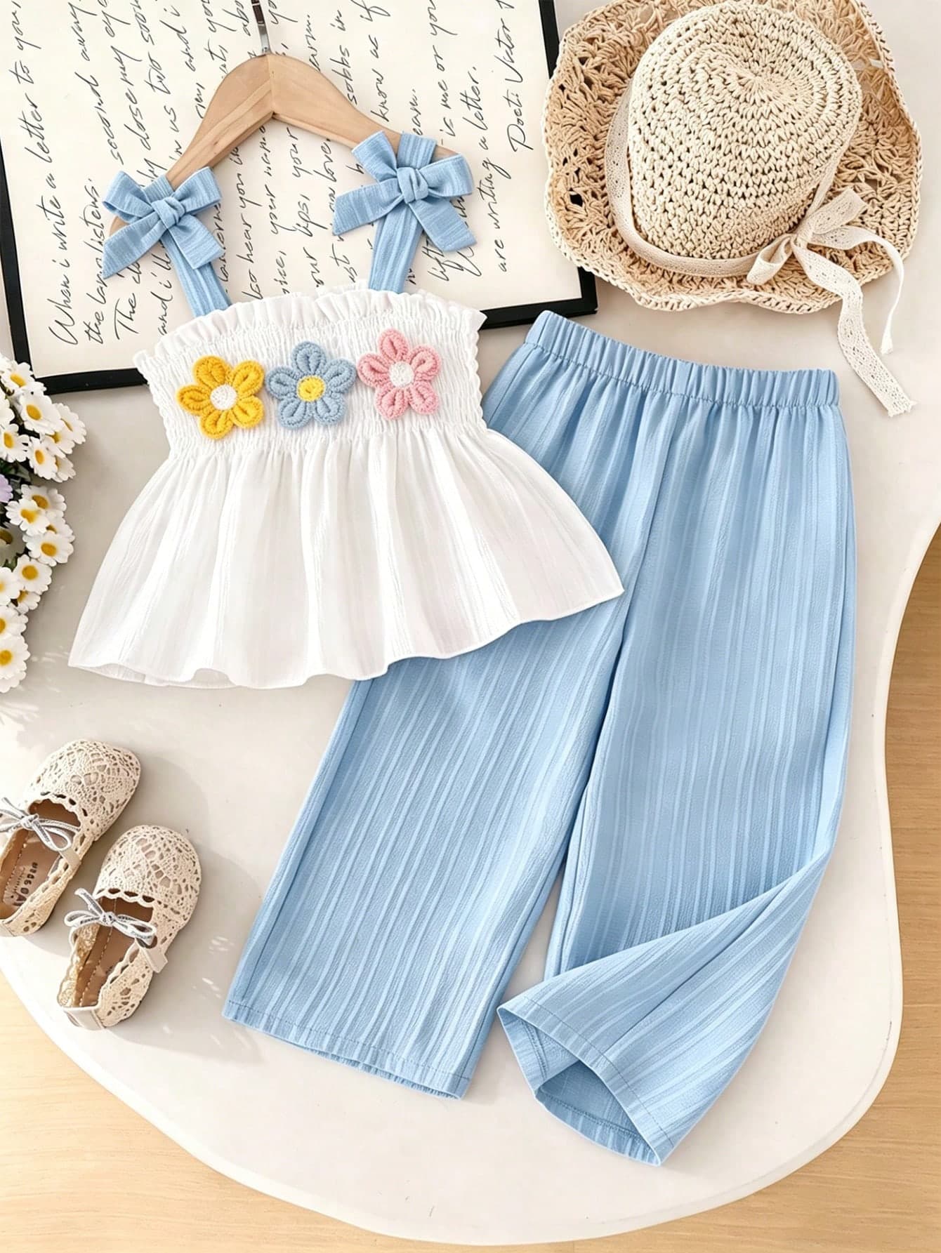2pcs/Set Young Girls' Summer Camisole Top And Wide Leg Pants Set, 3D Crochet Sunflower Camisole + Blue Textured Wide Leg Pants With Shirred Waist, 2pcs Bow Strap Breathable Textured Fabric Pants Suit, Sweet Vacation Outfit