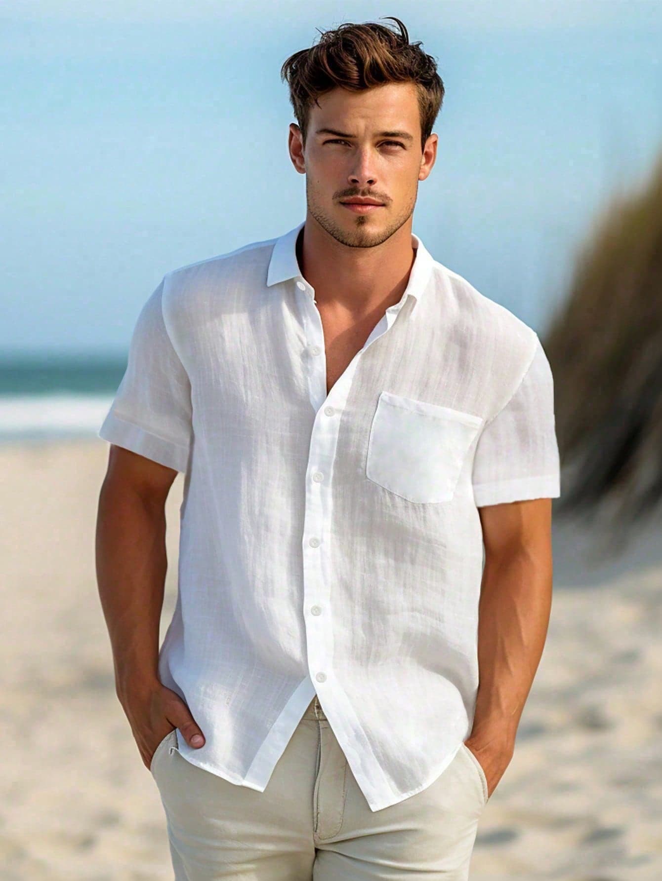 Men's Solid Color Casual Shirt, Short Sleeve Shacket, White Fashion Shirt, Hawaiian Resort Beach Shirt