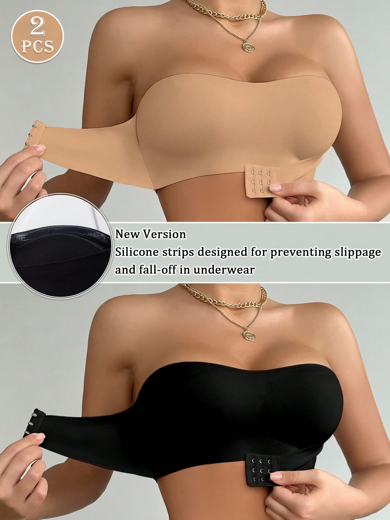 2pcs Front Closure Strapless Bras, Upgraded Non-Slip Silicone Strip, Soft Thin Cups, Wire-Free Push-Up Women's Lingerie, Black And Dark Apricot, Wedding