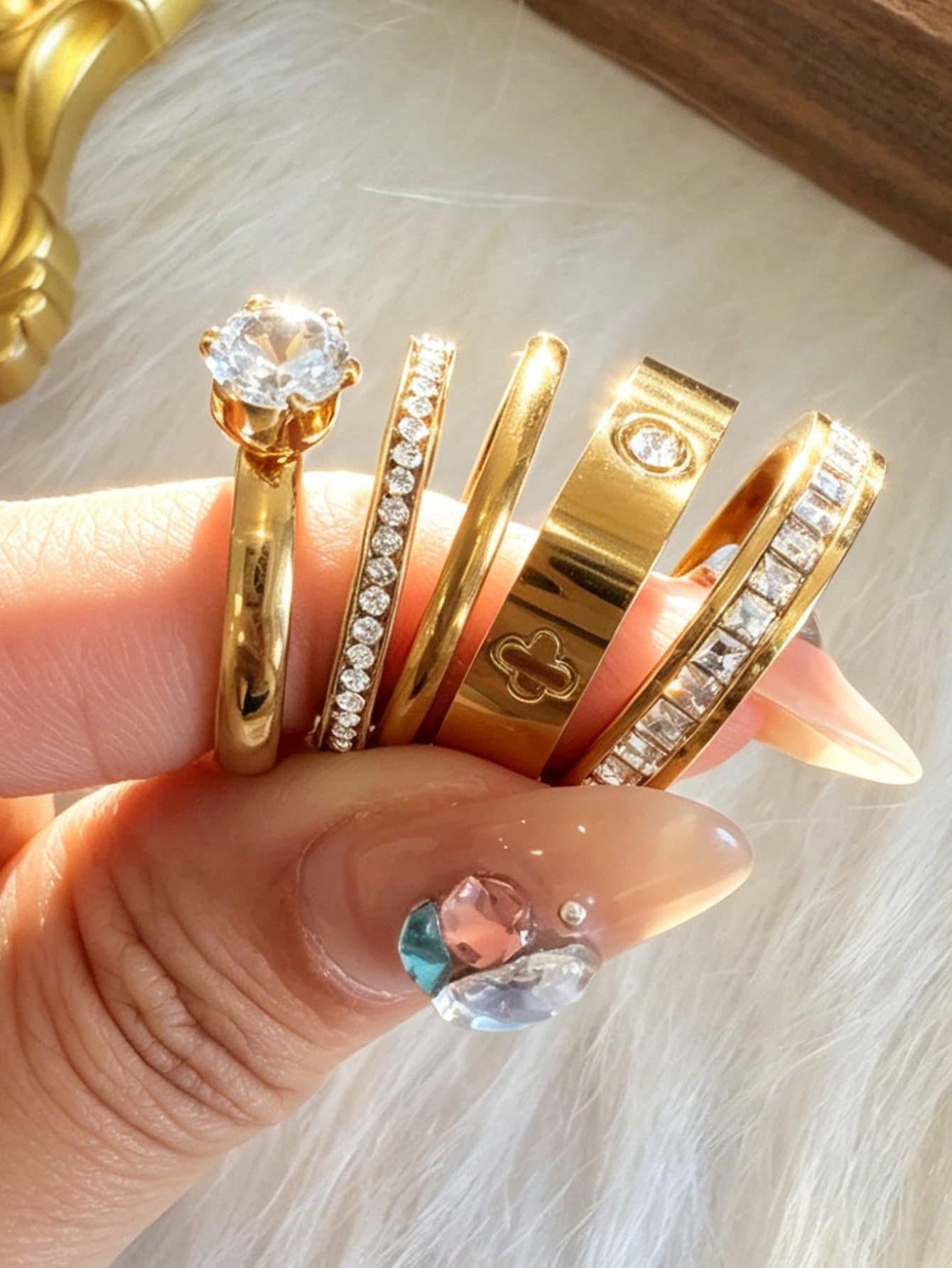 5pcs 18k Gold Plated 2026 New Women's Elegant Versatile Fashion Niche Stainless Steel Ring Set, Suitable For Wedding, Engagement, Promise, Bridal, Anniversary Rings And Other Occasions, Exquisite Gift For Mother's Day, Valentine's Day, Christmas