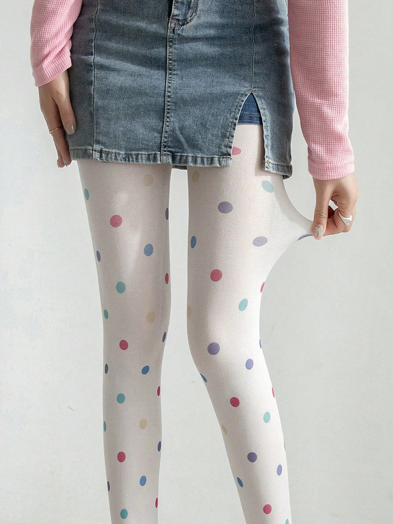 1 Pair Polka Dot Sheer Pantyhose - Classic Grey And Rainbow Colorful Dots On White Base, High Waist Non-Pilling, Suitable For School Uniform, Y2K Fashion And Cute Streetwear