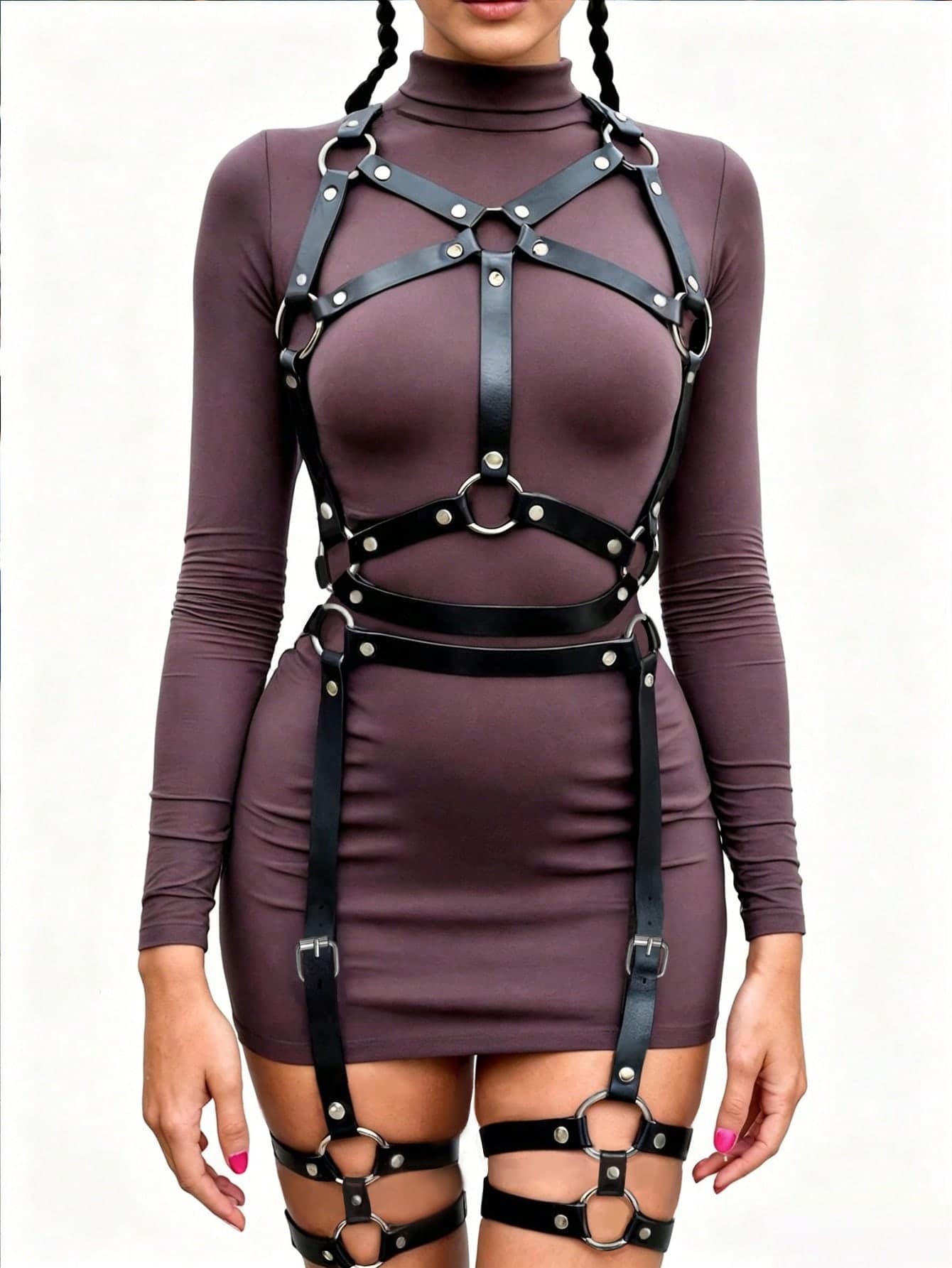 1 Set Women's Punk Style Red Sexy Body Harness With Leg Rings And Garter Straps, Suitable For Club Parties, Personalized Outfits, Or Carnival Parties