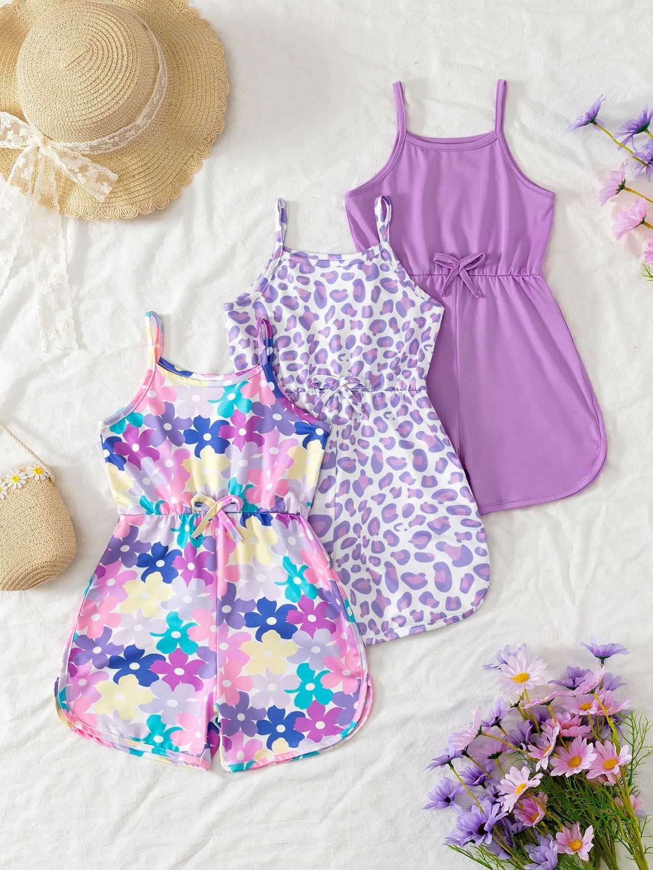 3pcs/Set Girls' Casual Sleeveless Jumpsuit, Versatile Shorts, Refreshing Vacation Outfit For Summer