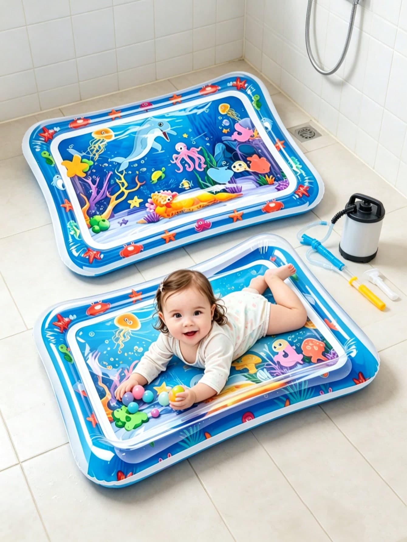 Children's Inflatable Water Park Mat, Supports Physical And Sensory Development, Colorful Underwater Scene, Comes With Floating Toys (Random Style)