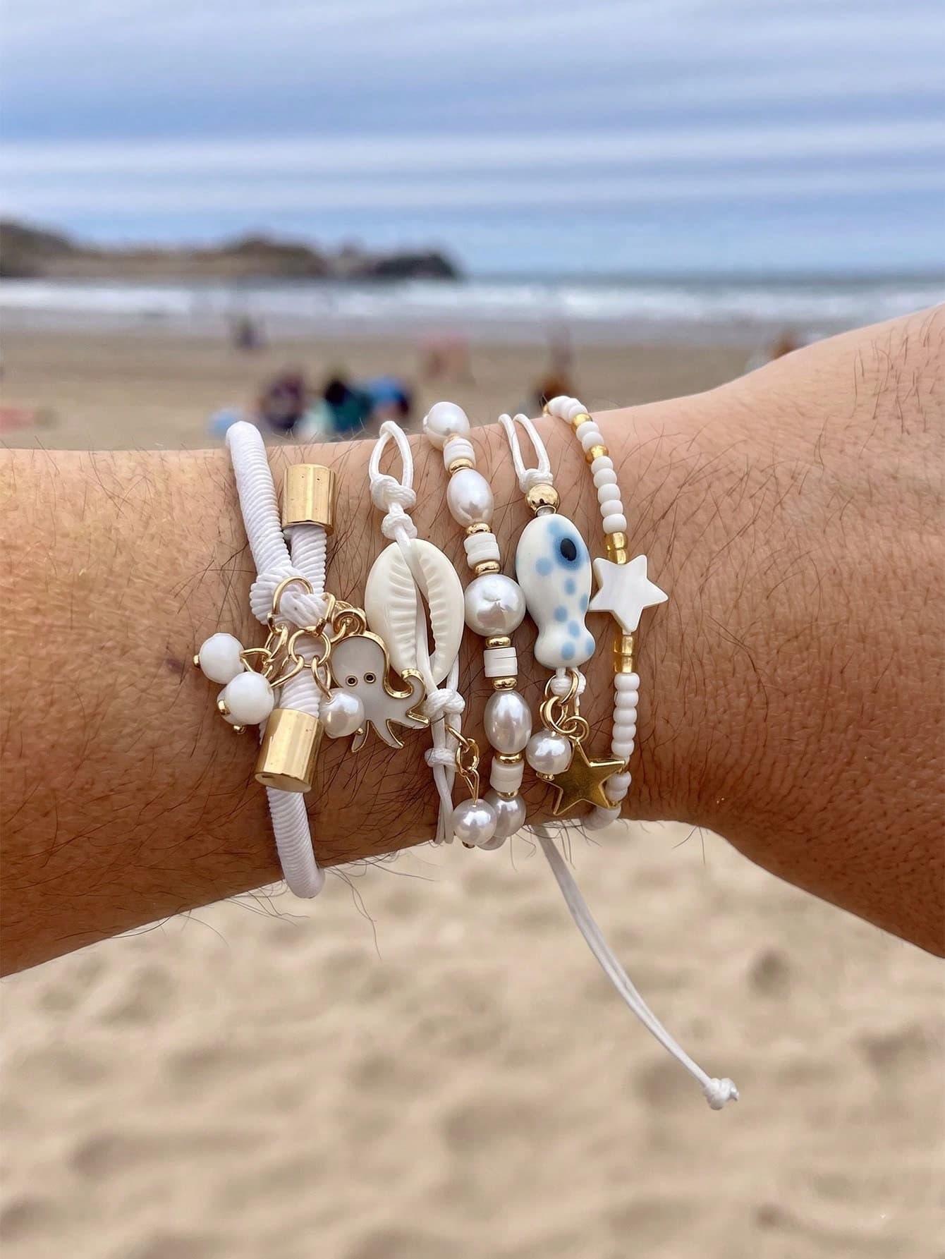 5pcs/Set Cute Cartoon Octopus, Shell, Ceramic Fish Stretch Bracelets, Suitable For Women Daily, Vacation, Shopping Outfit