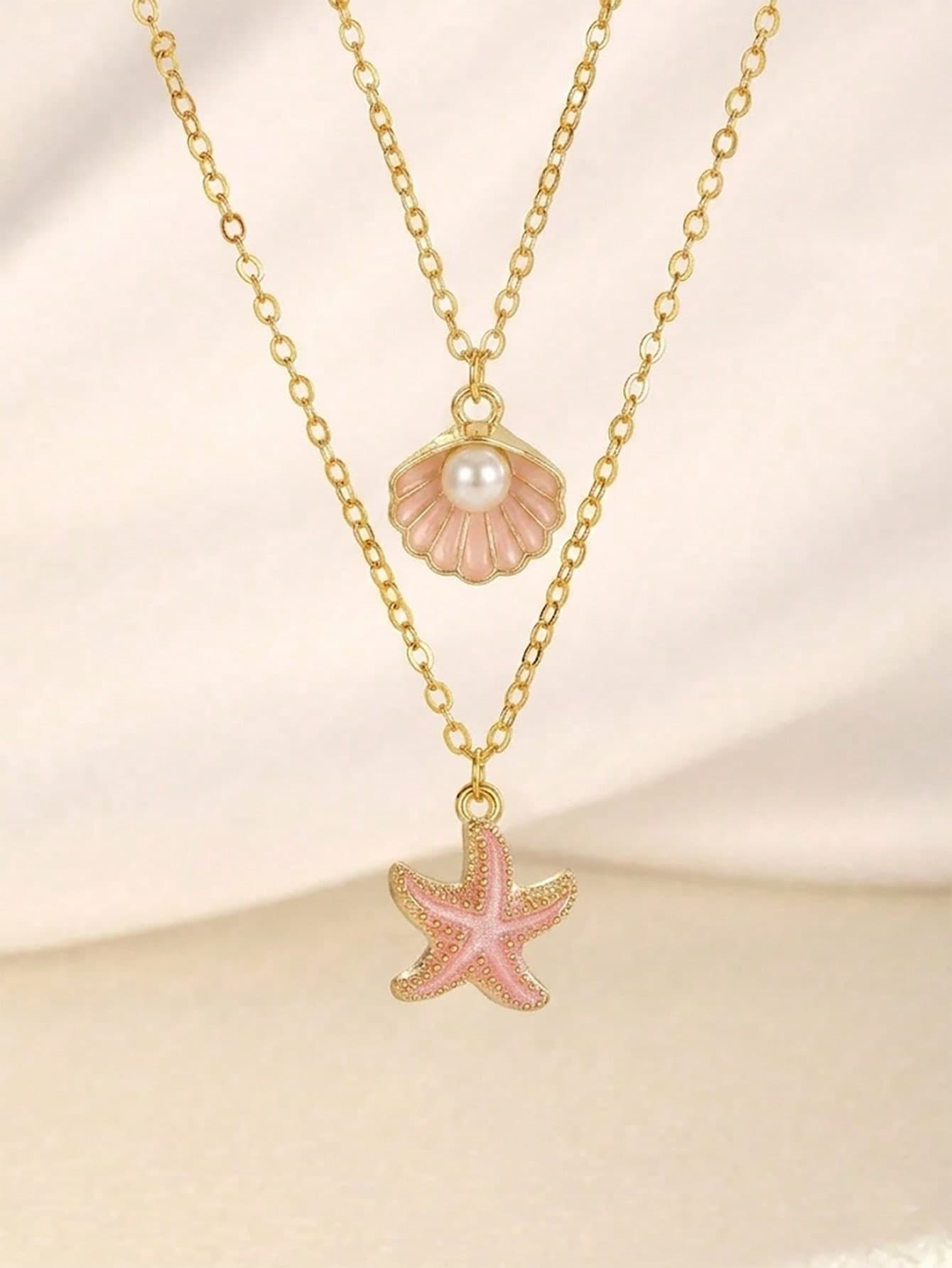 2pcs/Set Delicate & Fashionable Sweet 5-Petal Flower & Starfish Pendant Necklace, Suitable For Women To Wear In Summer, Beach, Party, Holiday, Travel, Daily