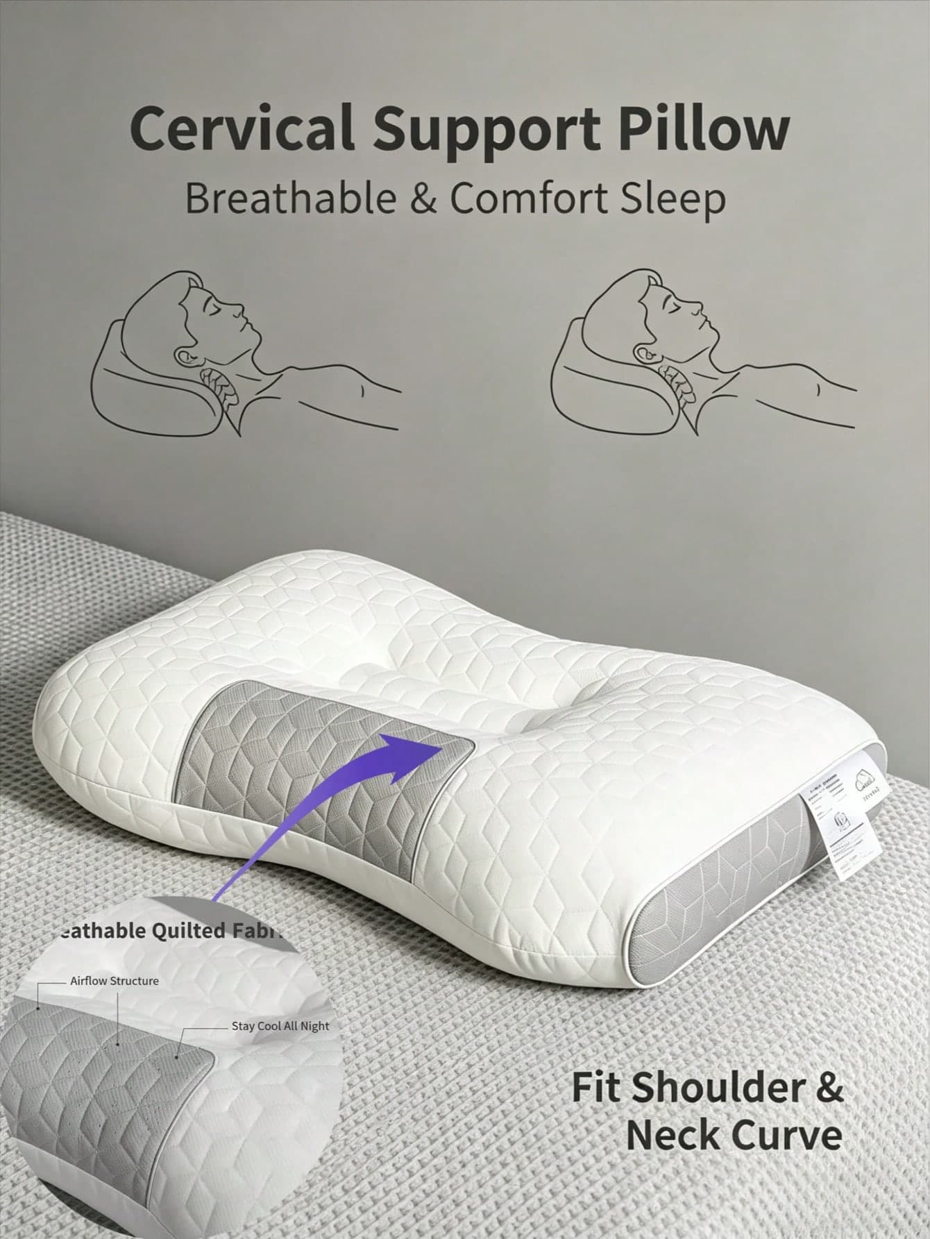 1pc Memory Foam Neck Pillow, Adjustable Ergonomic Cervical Pillow, Neck Support Pillow To Relieve Shoulder And Neck Pain, Side Sleeper Orthopedic Pillow For Side, Back And Stomach Sleeping With Breathing Comfort