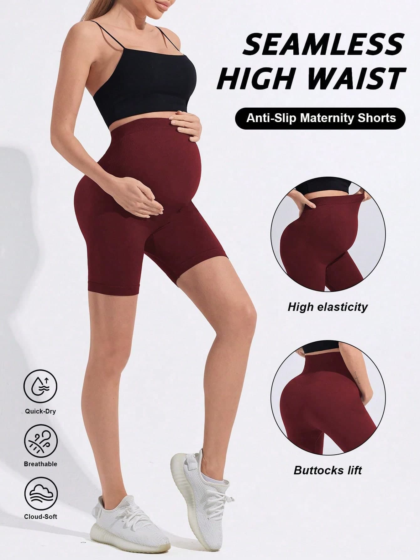 Maternity Seamless Solid Color High Waist Ribbed Waistband Non-Slip Leggings, Basic Fitted Sports Shorts Summer
