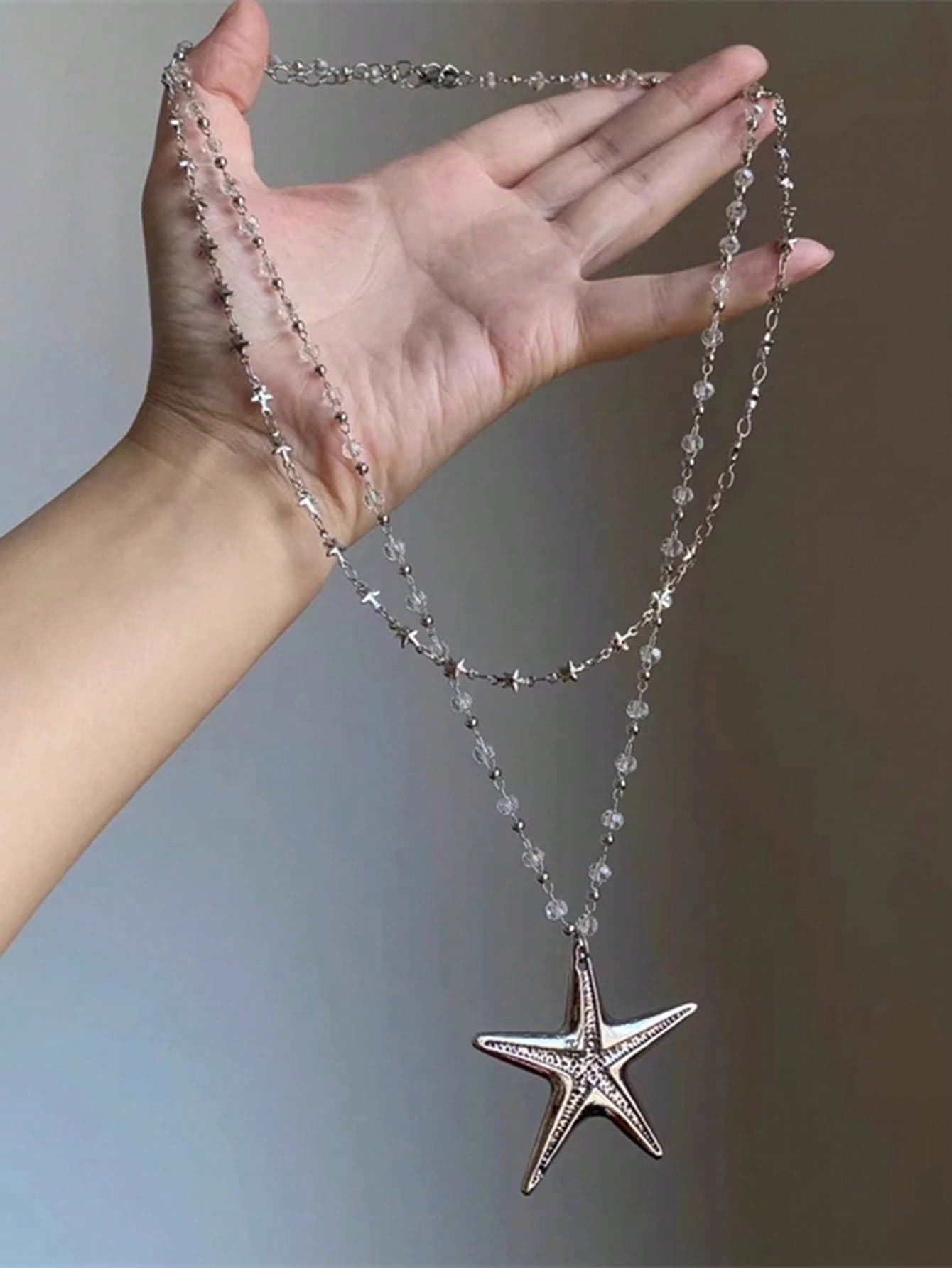 1pc Layered Starfish Beaded Pendant Necklace, Long Necklace For Women, Suitable For Beach, Dresses, Sweet & Sexy Style