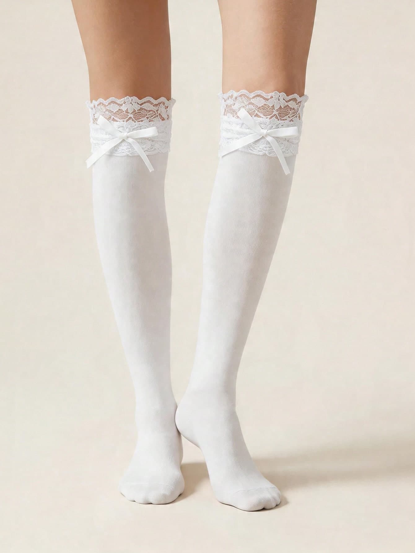 1pc Women's Solid Color Calf-Length Socks, Sweet Lace Trim Cute Bow Hollow Design, Breathable Lightweight Cute Socks, Suitable For Daily Commute