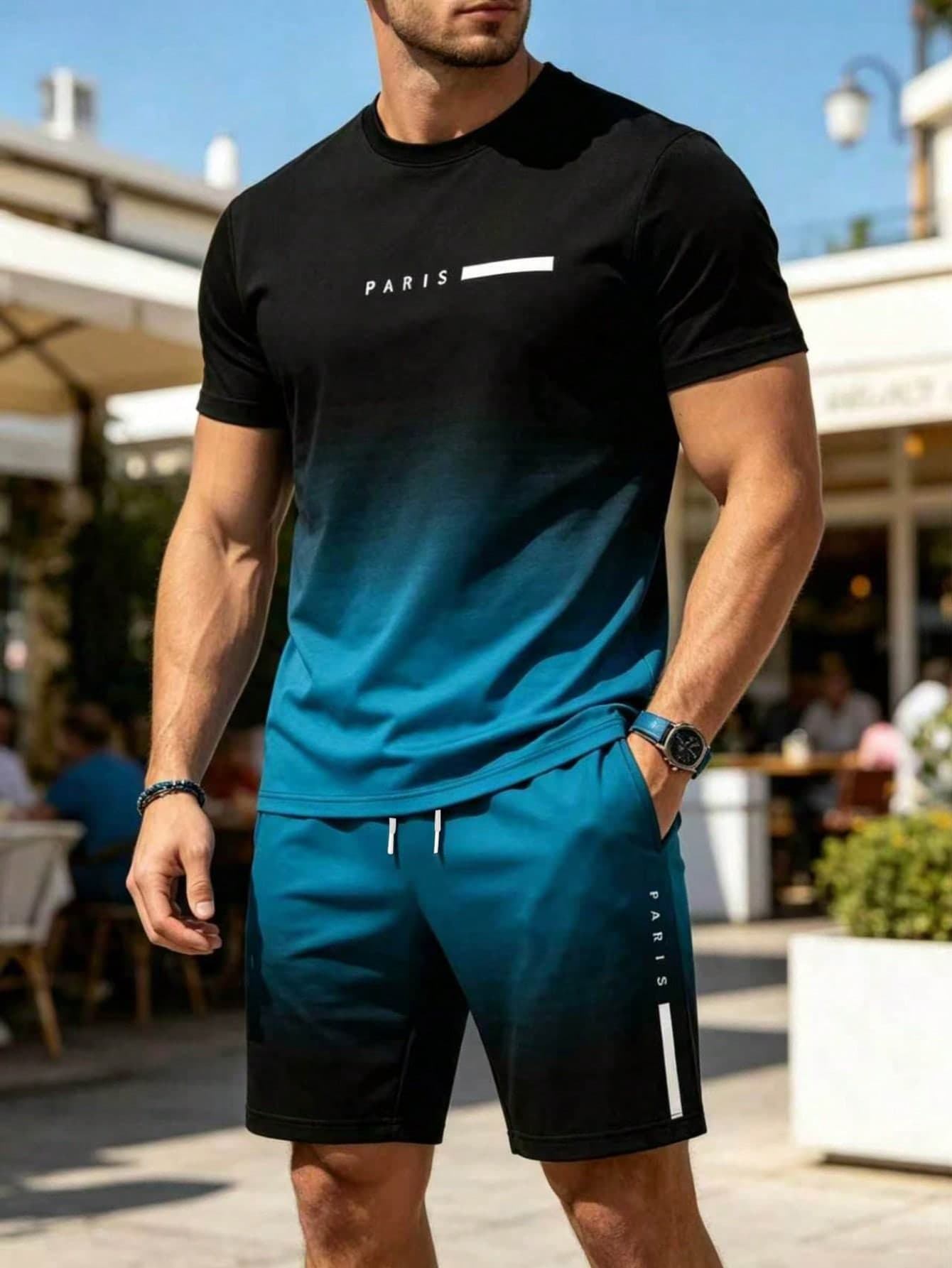 Men's Gradient Color 2-Piece Set Top And Shorts, Printed "PARIS" Crew Neck Short Sleeve T-Shirt Paired With Drawstring And Pocket Shorts, Casual Fashion Outfit, Suitable For Summer Outdoor Wear, 100% Polyester, Lightweight Fabric