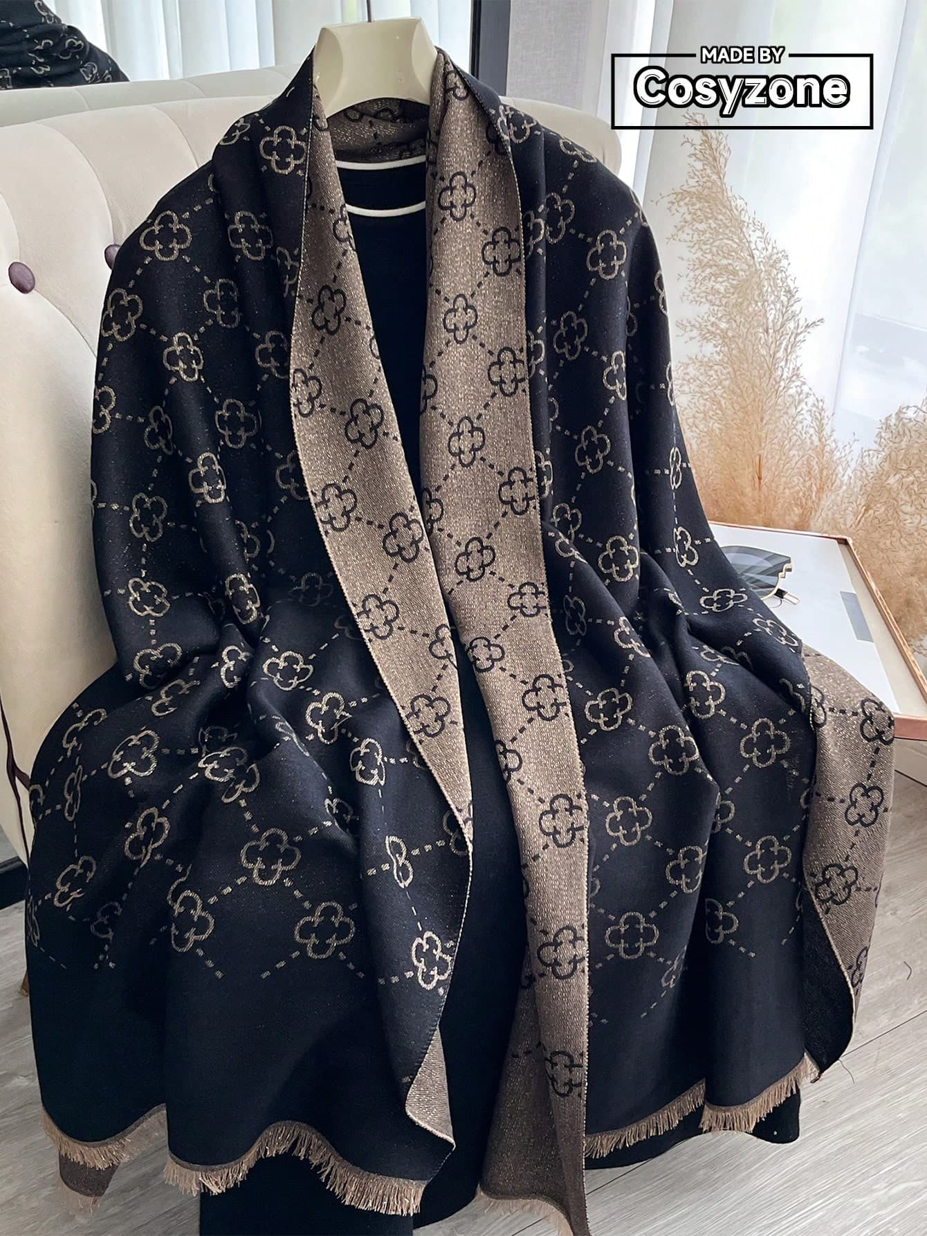 1pc Elegant Clover Pattern Jacquard Gold Thread Scarf, Versatile Air-Conditioned Room Shawl, Spring/Autumn Outerwear, Fashionable Accessory Suitable For Daily Wear,Travel Essential,Beach Towel