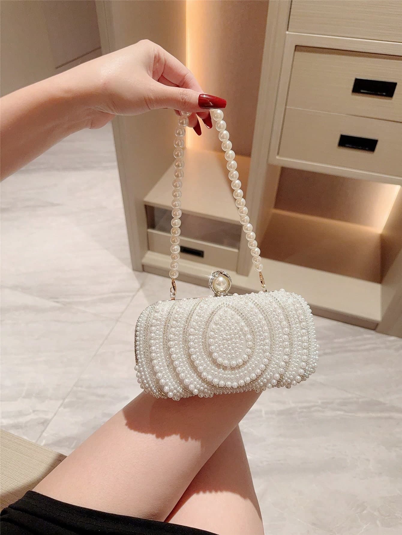 1pc Elegant Faux Pearl Box-Shaped Evening Clutch Bag, Formal Party Bag, Romantic Wedding Bridal Handbag, Luxury Sparkling Rhinestone Decor Formal Dress Clutch, Gala Purse For Women