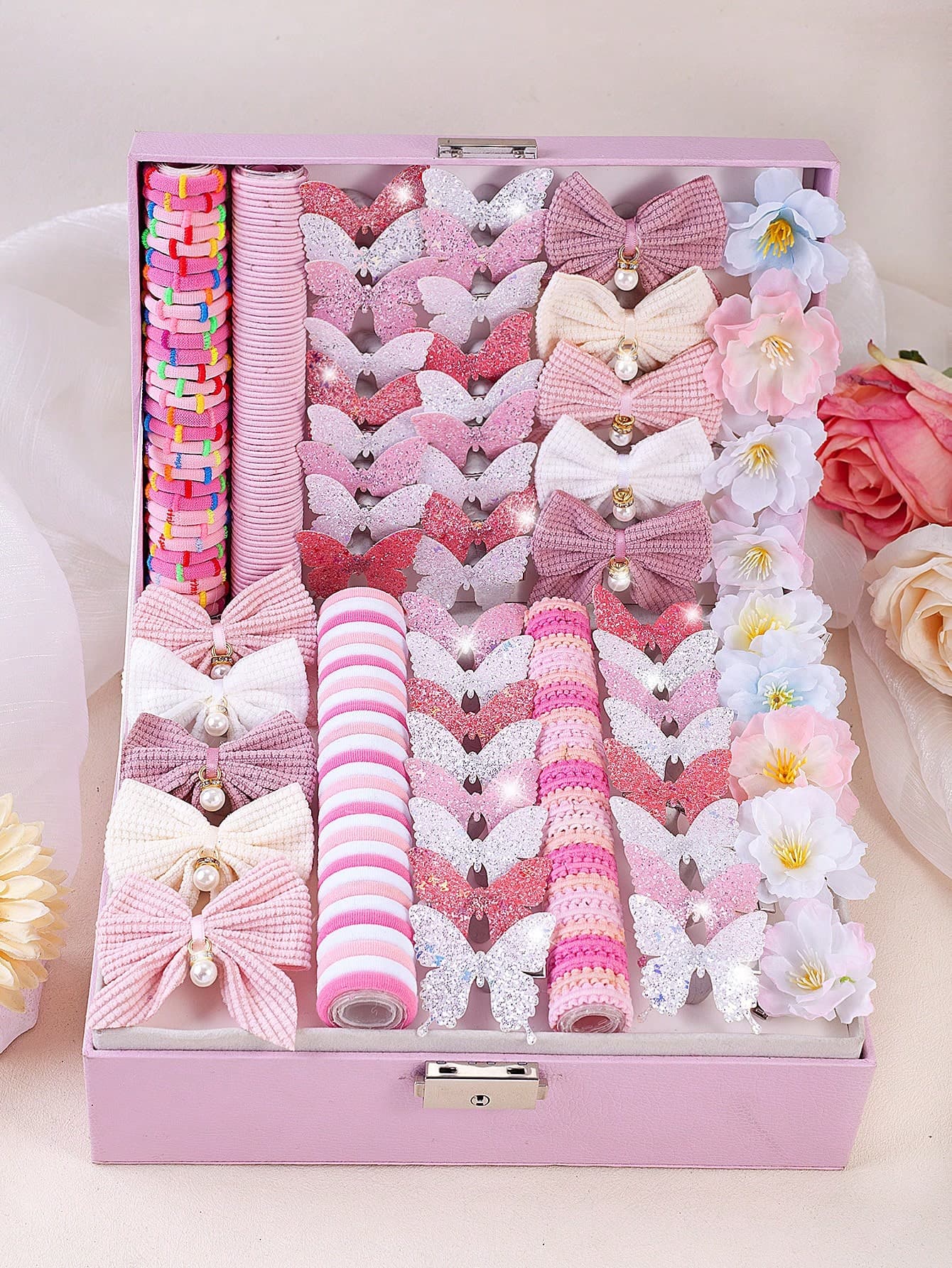 181pcs Pink Ombre Dreamy Princess Style Hair Accessories Set For Girls, Spring & Summer, Includes Shiny Butterfly Hair Clips, Pearl Bow Hair Clips, Camellia Hair Clips, High Elastic Non-Damaging Hair Ties, Suitable For Daily, Outing, Party To Create Elegant Hairstyles