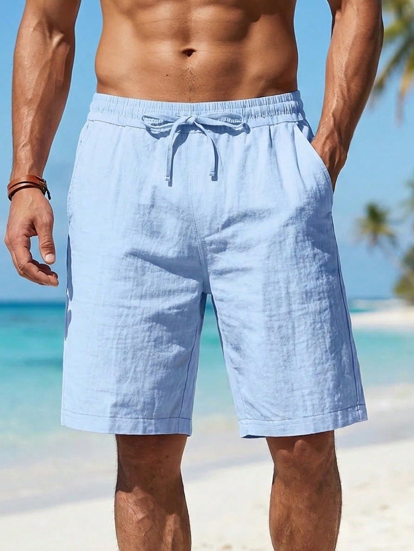 Men's Summer Thin Linen Breathable Beach Sports Solid Color Loose Versatile Casual Vacation Knee Length Shorts