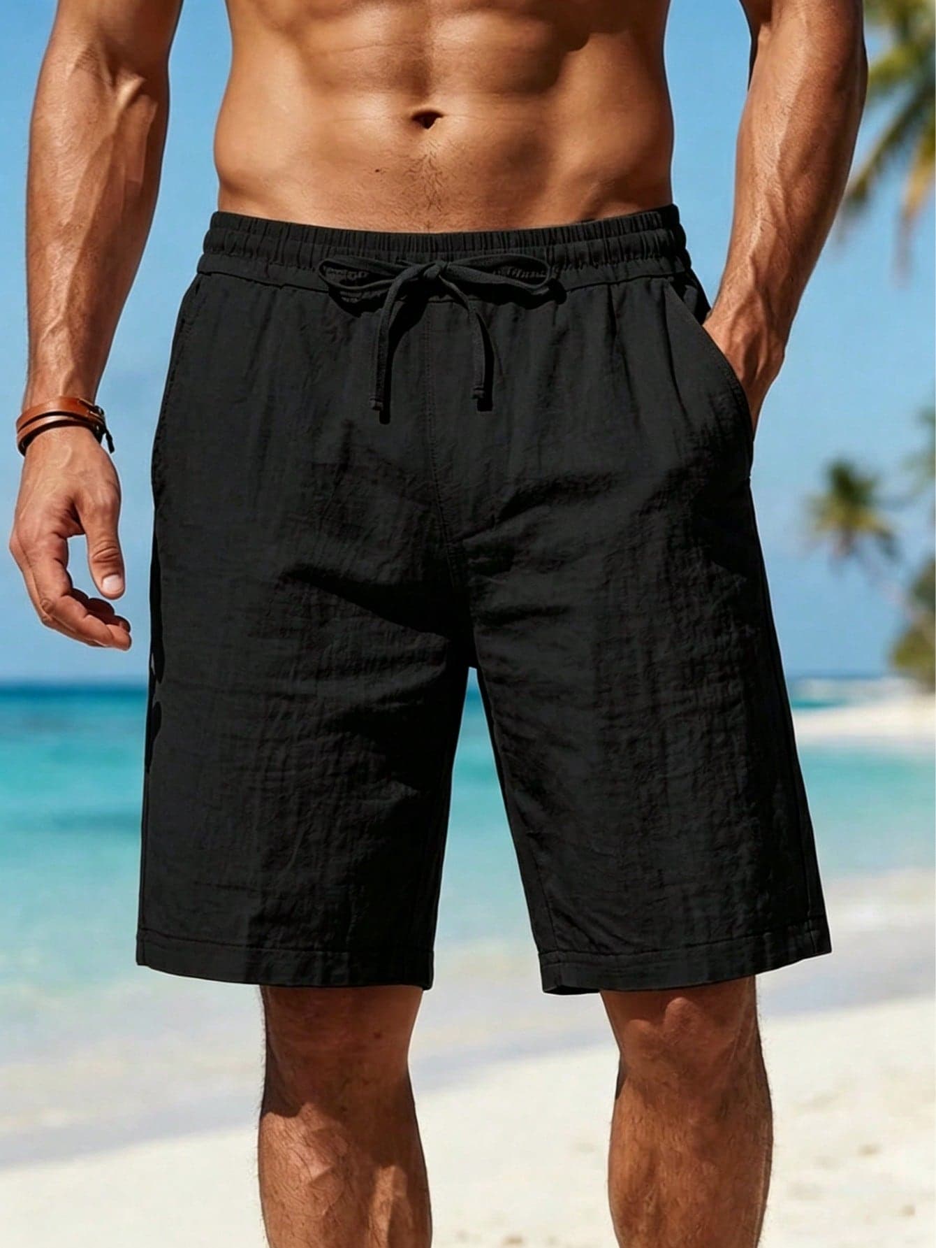 Men's Summer Thin Linen Breathable Beach Sports Solid Color Loose Versatile Casual Vacation Knee Length Shorts