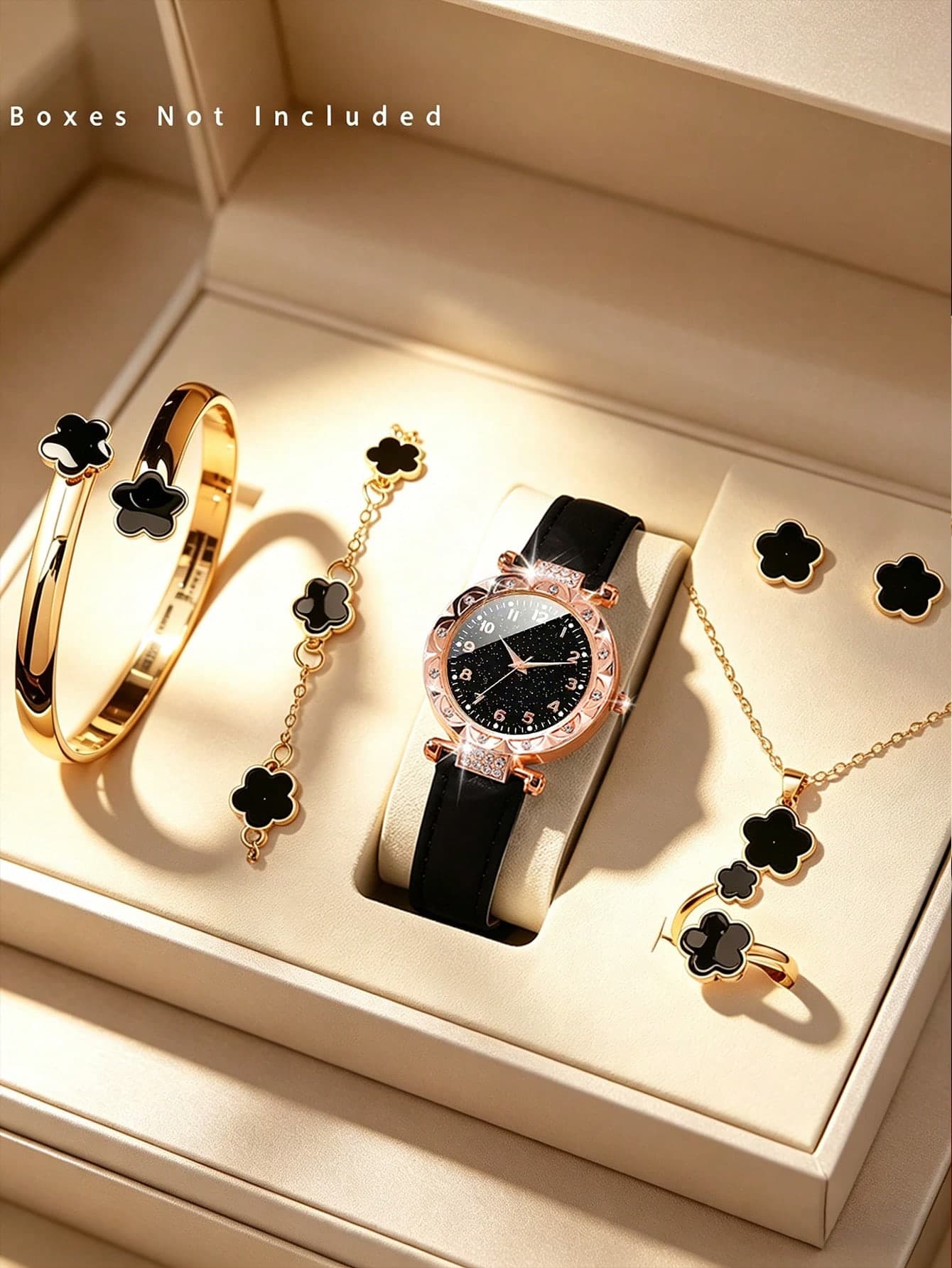 7pcs Black Starry Sky Quartz Digital Watch Set With 6pcs Lucky Flower Necklace, Bracelet, Ring, Earrings Jewelry Set, Suitable For Festivals, Parties, Weddings And Daily Wear, Can Be Given As Mother's Day Or Easter Gift